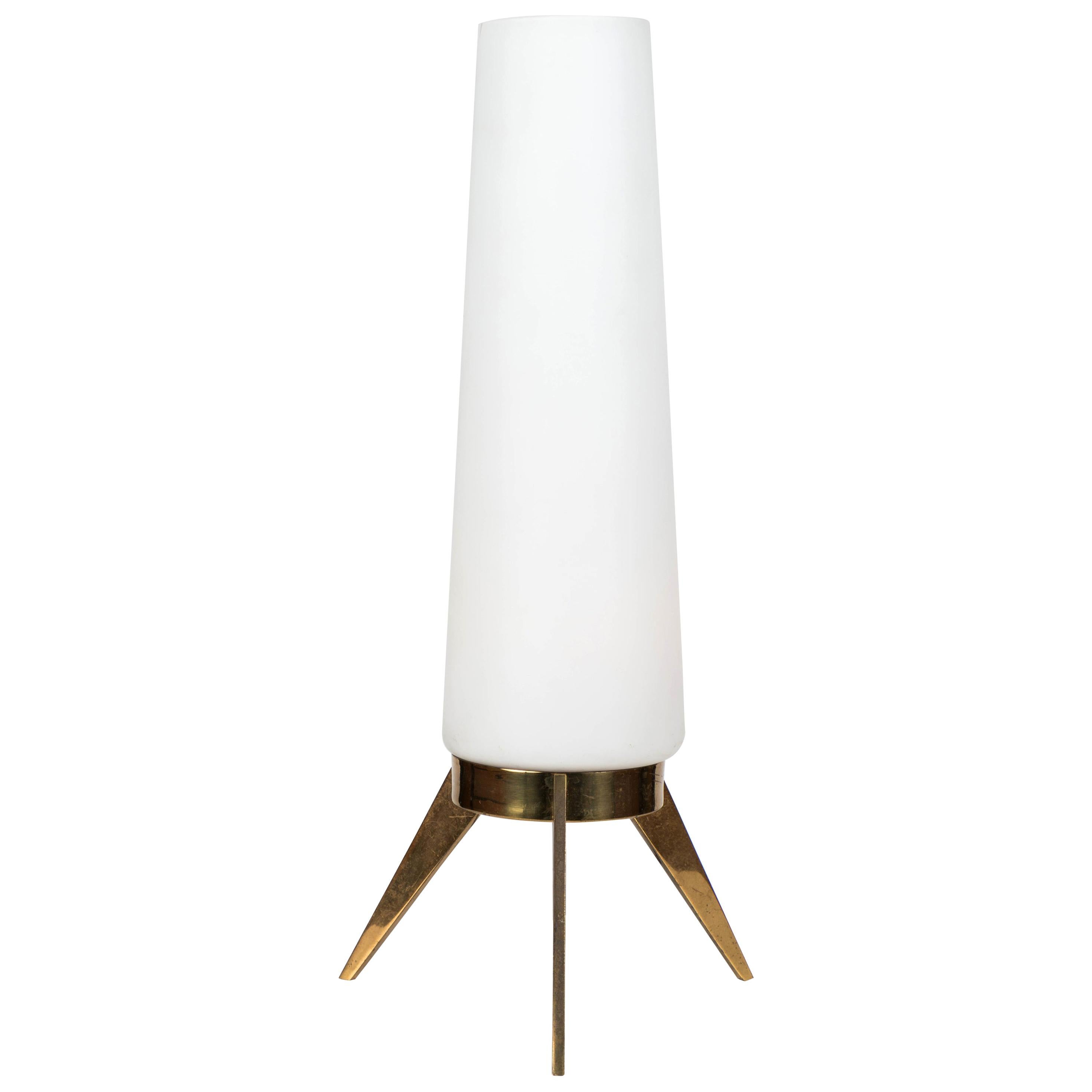 1950s Stilux Milano glass and brass tripod table lamp. This extremely unique design is highly suggestive of Angelo Lelli of Arredoluce, but attributed to Stilux Milano. 

Executed in sculpturally blown opaline glass and lightly patinated