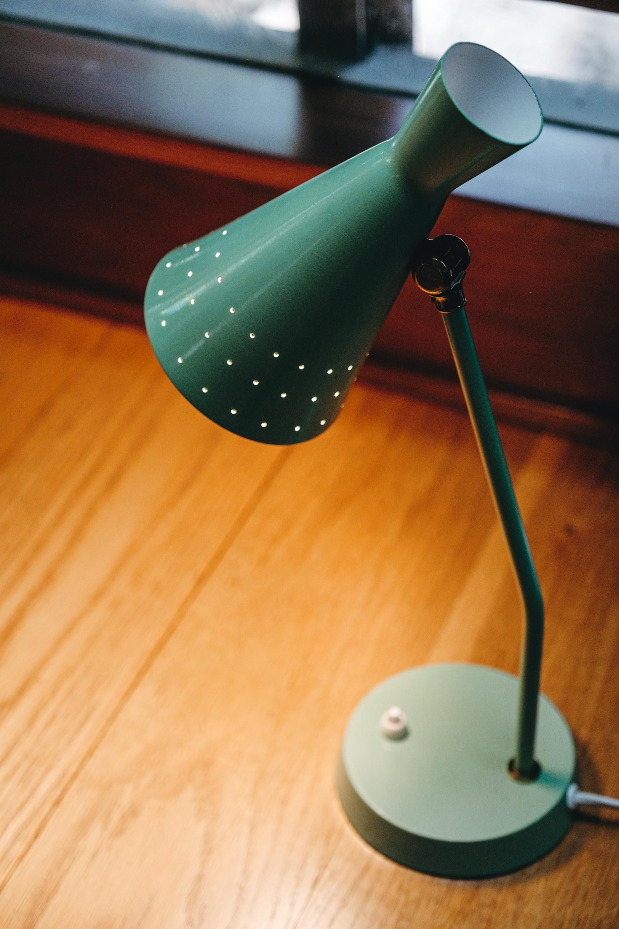 Italian 1950s Stilux Milano Green Perforated Cone Table Lamp For Sale