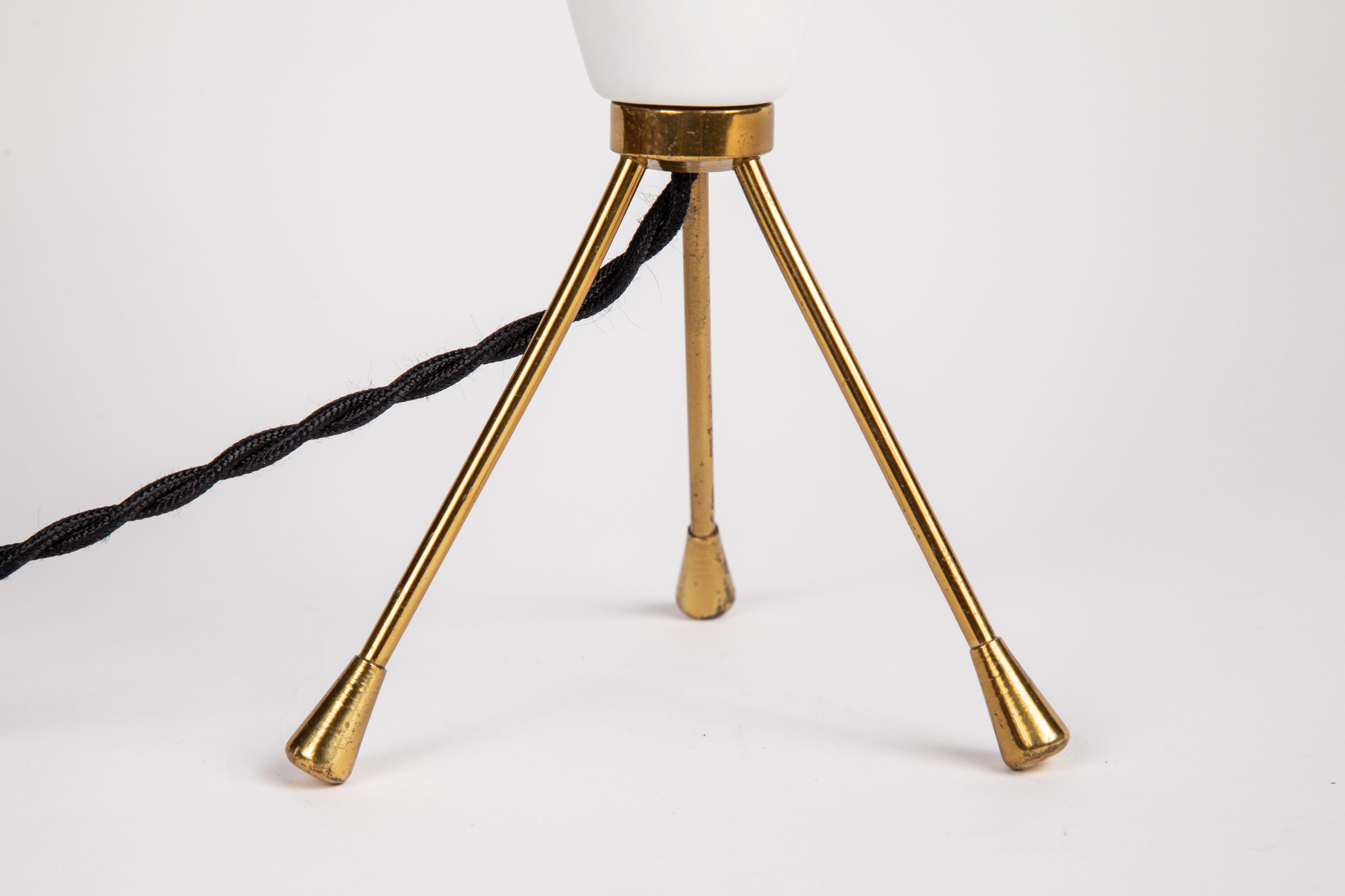 Brass 1950s Stilux Milano White Cone Tripod Table Lamp For Sale