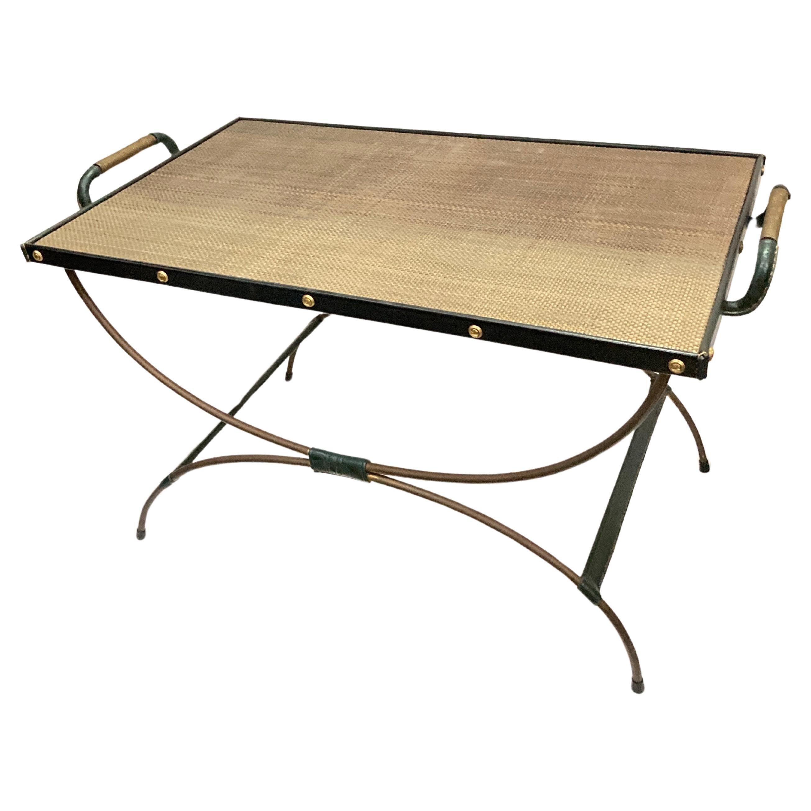 1950's Stitched leather an brass cocktail table By Jacques Adnet For Sale