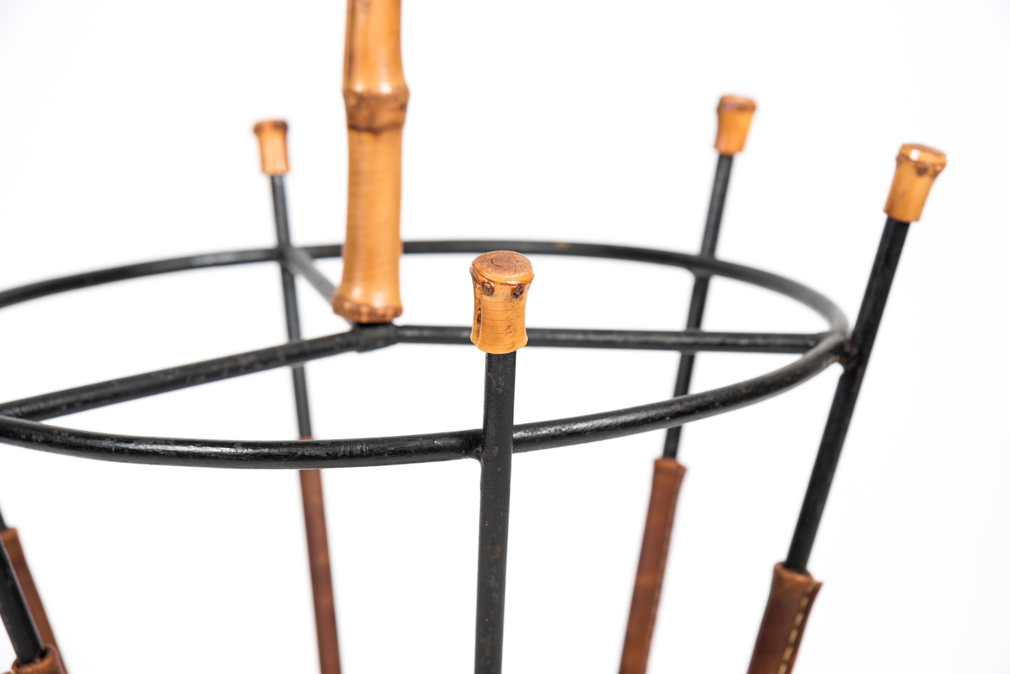 Mid-20th Century 1950s Stitched Leather and Bamboo Umbrella Stand by Jacques Adnet For Sale