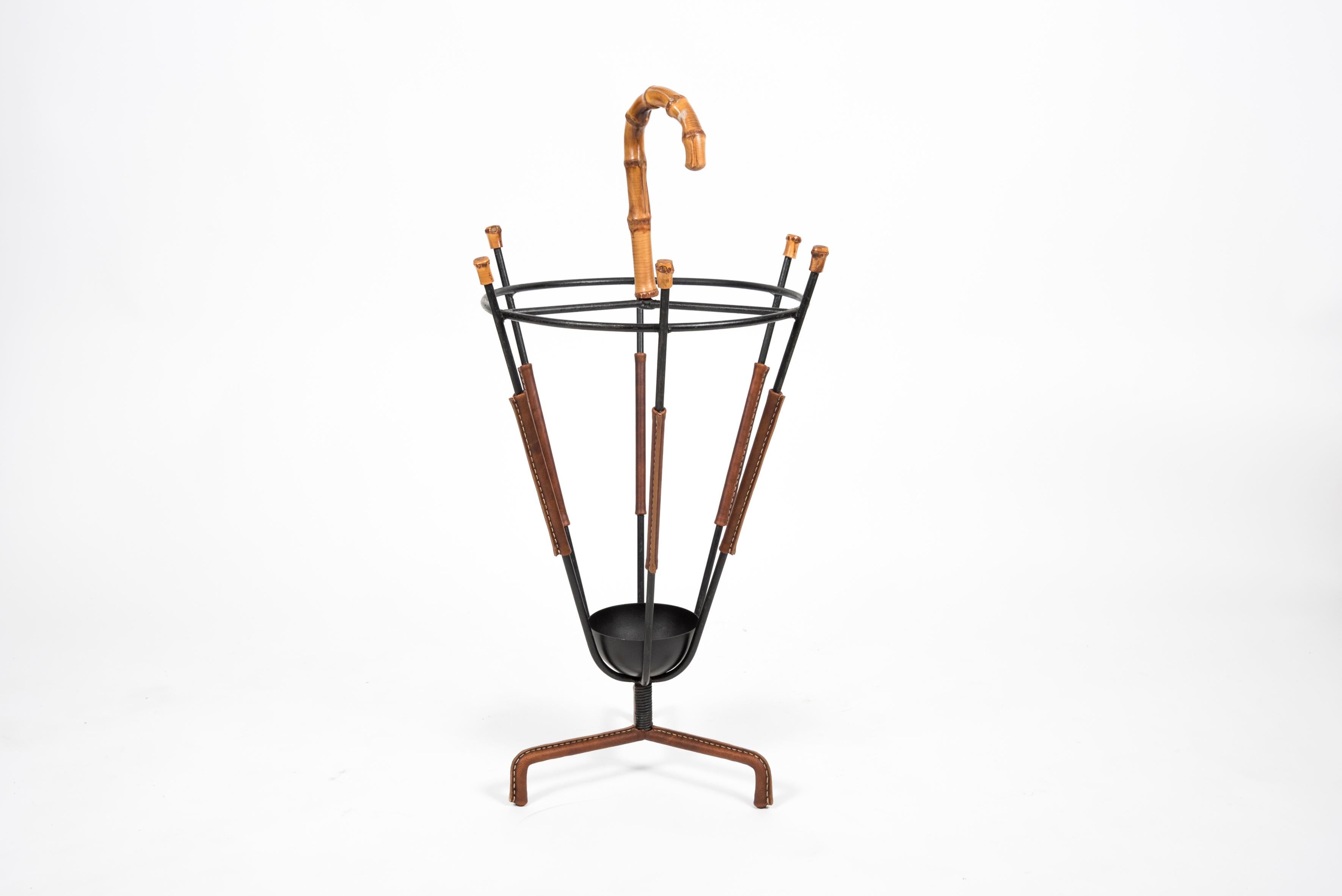 Metal 1950s Stitched Leather and Bamboo Umbrella Stand by Jacques Adnet For Sale