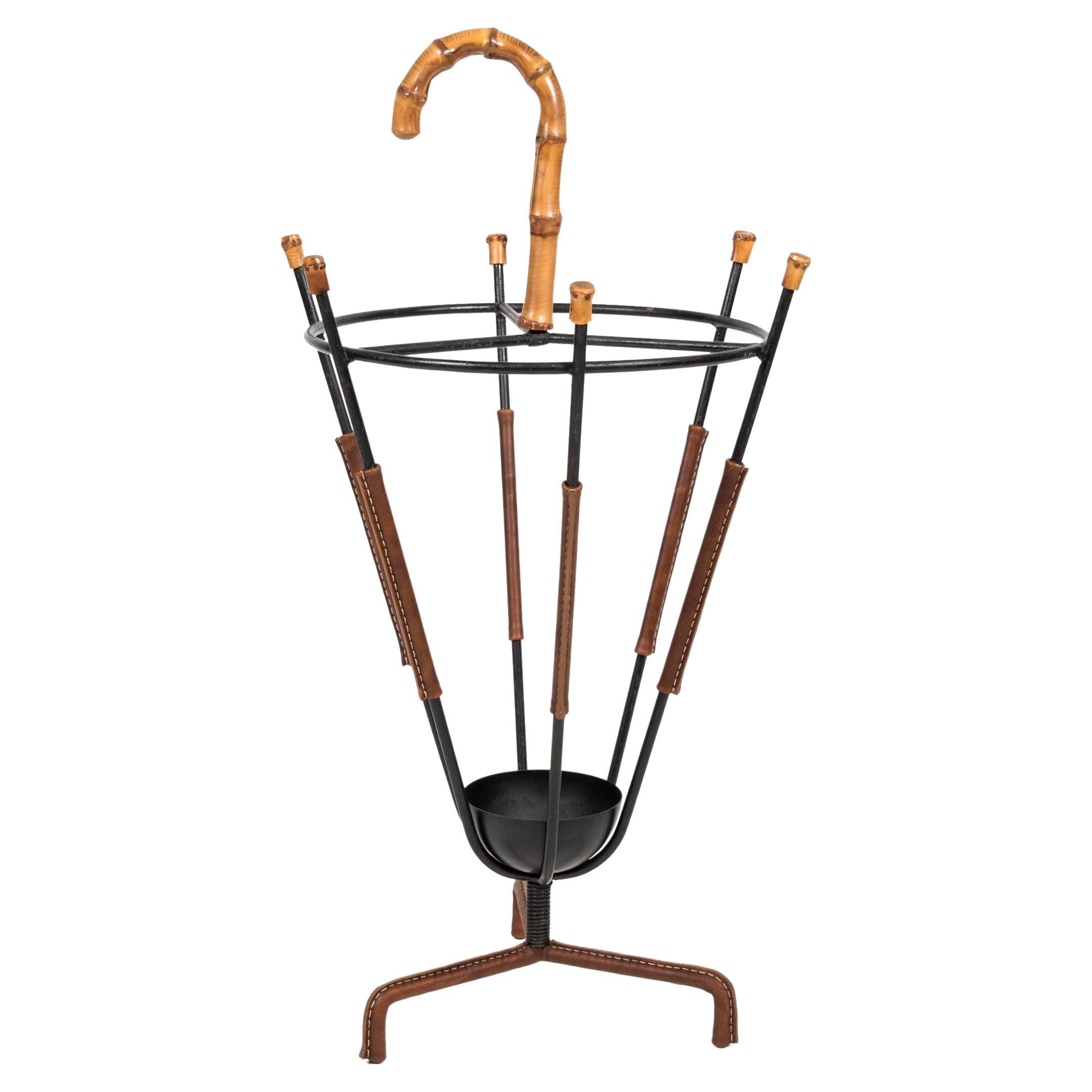 1950s Stitched Leather and Bamboo Umbrella Stand by Jacques Adnet For Sale