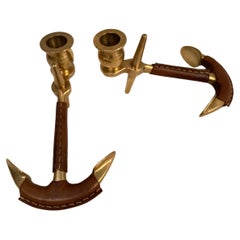 Portacandele in pelle e bronzo Stitch by Stitch di Jacques Adnet del 1950