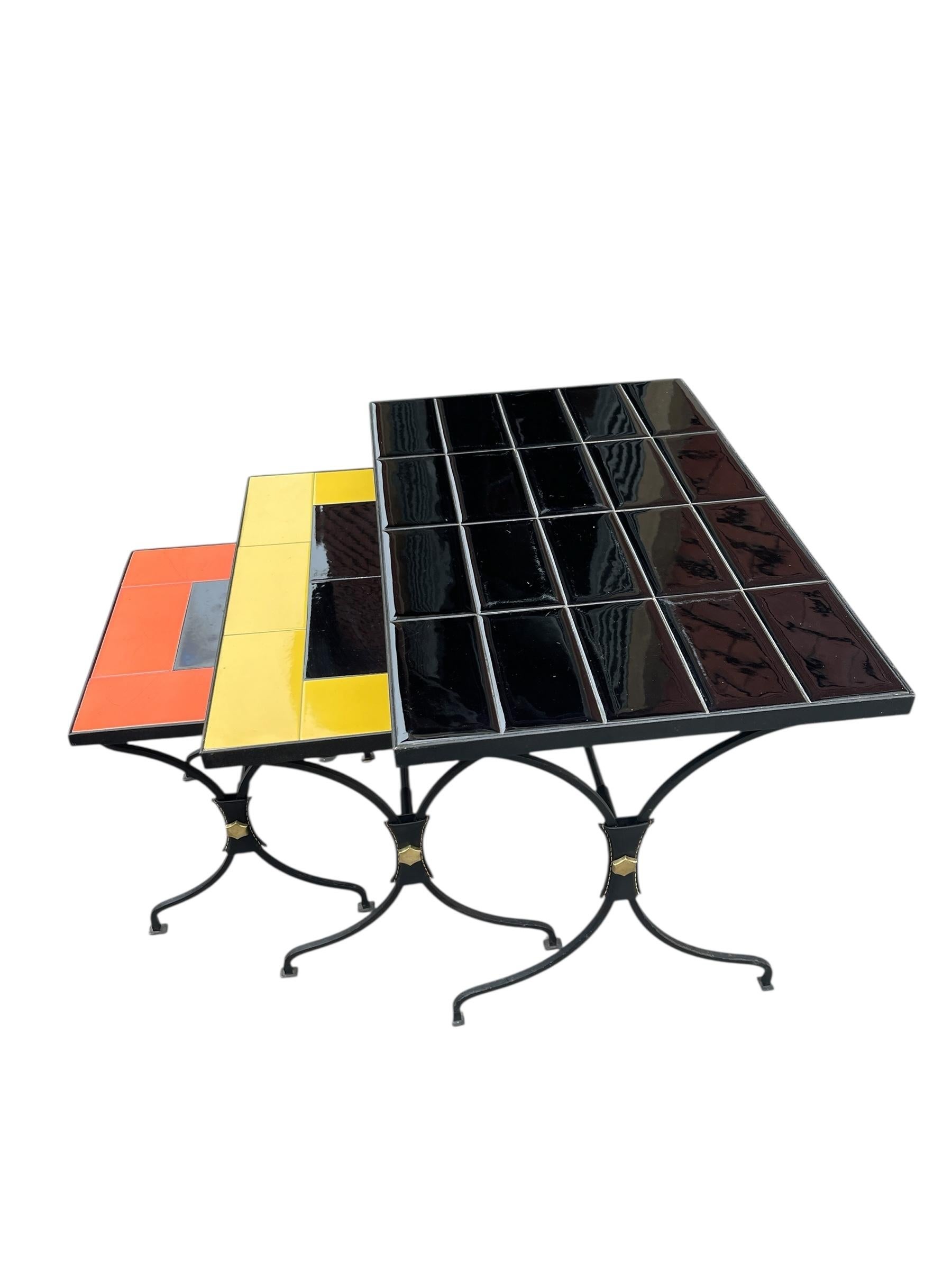1950's Stitched leather and ceramic nesting tables by Jacques Adnet For Sale 4