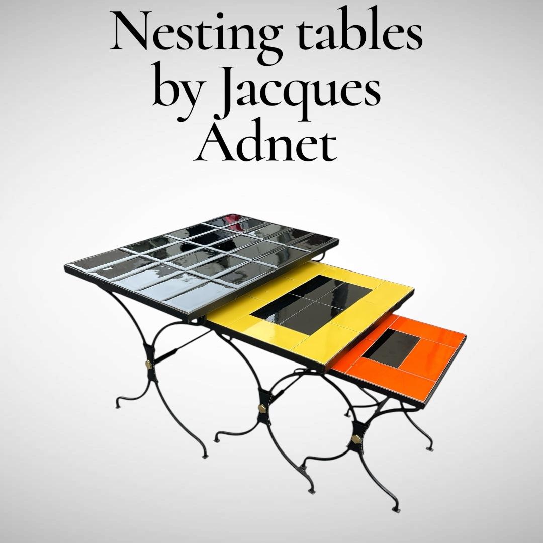French 1950's Stitched leather and ceramic nesting tables by Jacques Adnet For Sale