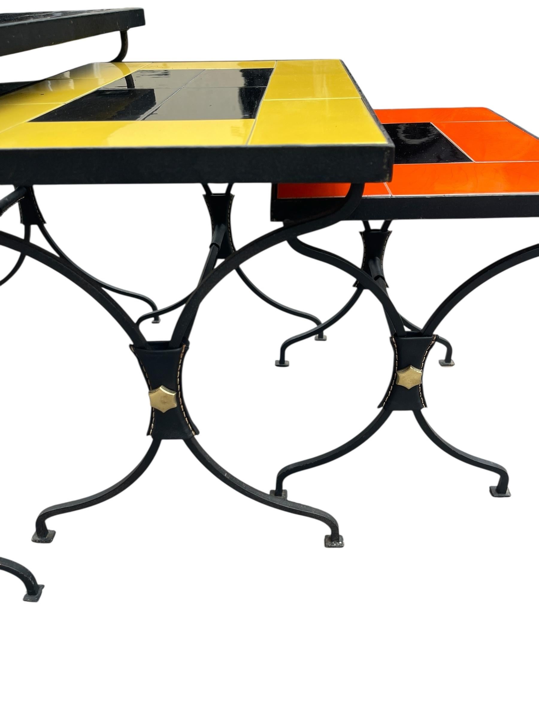 1950's Stitched leather and ceramic nesting tables by Jacques Adnet For Sale 1