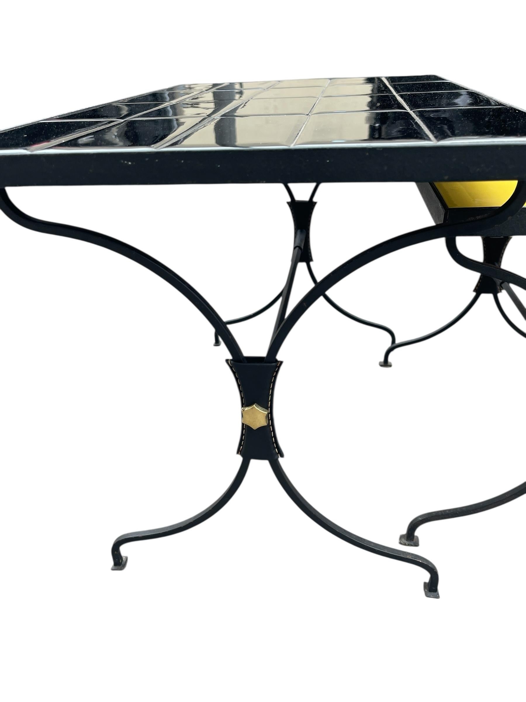 1950's Stitched leather and ceramic nesting tables by Jacques Adnet For Sale 2