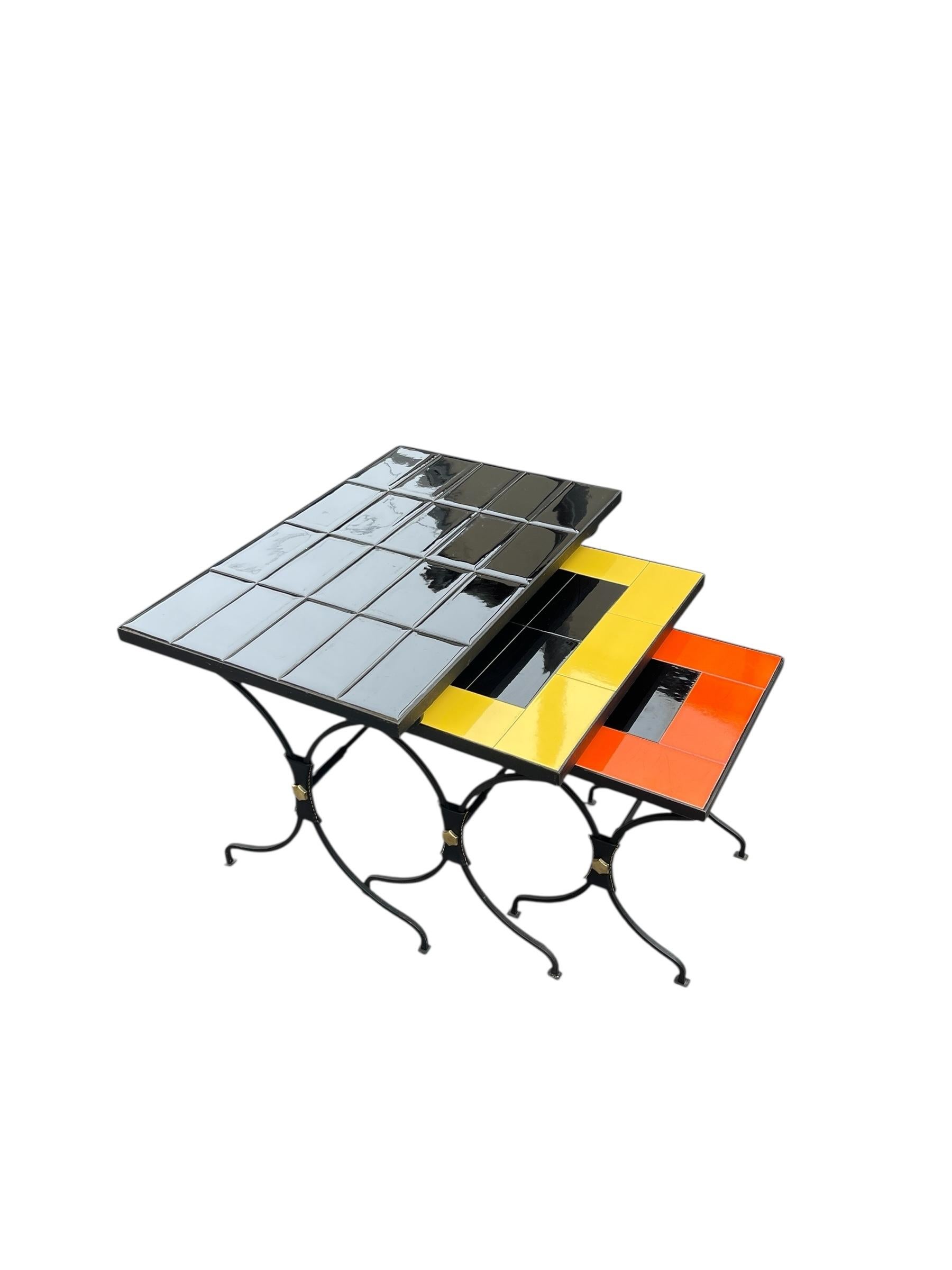 1950's Stitched leather and ceramic nesting tables by Jacques Adnet For Sale 3