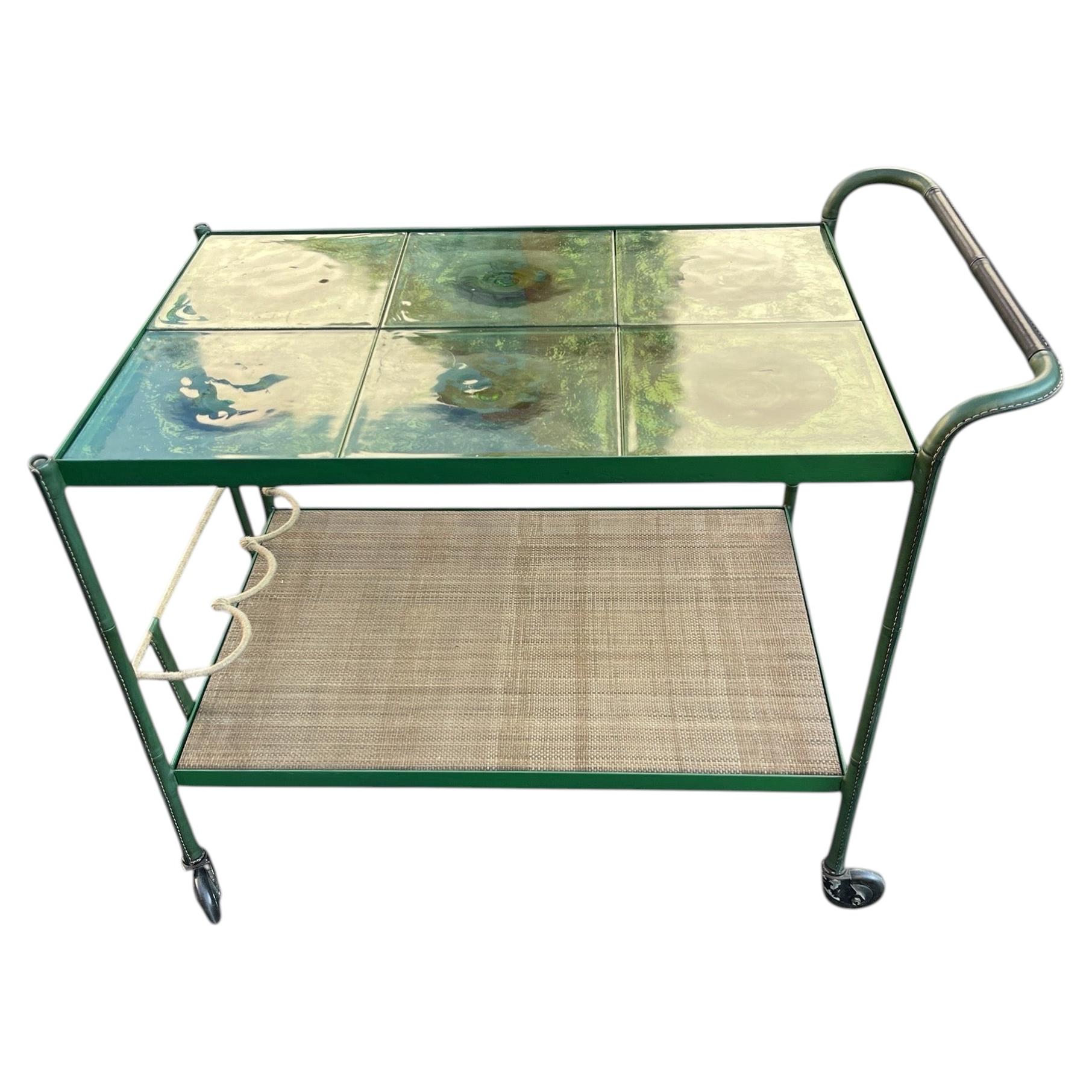 1950's Stitched leather and glass bar cart by Jacques Adnet