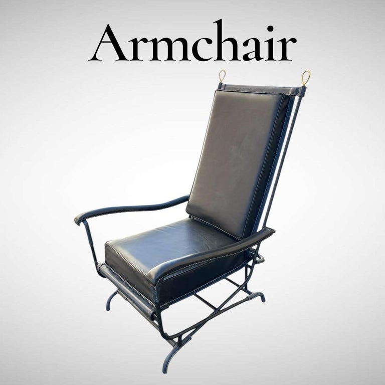 【1950s】Attributed to Jacques Adnet Chair 1950's Stitched leather and metal armchair by Jacques Adnet For