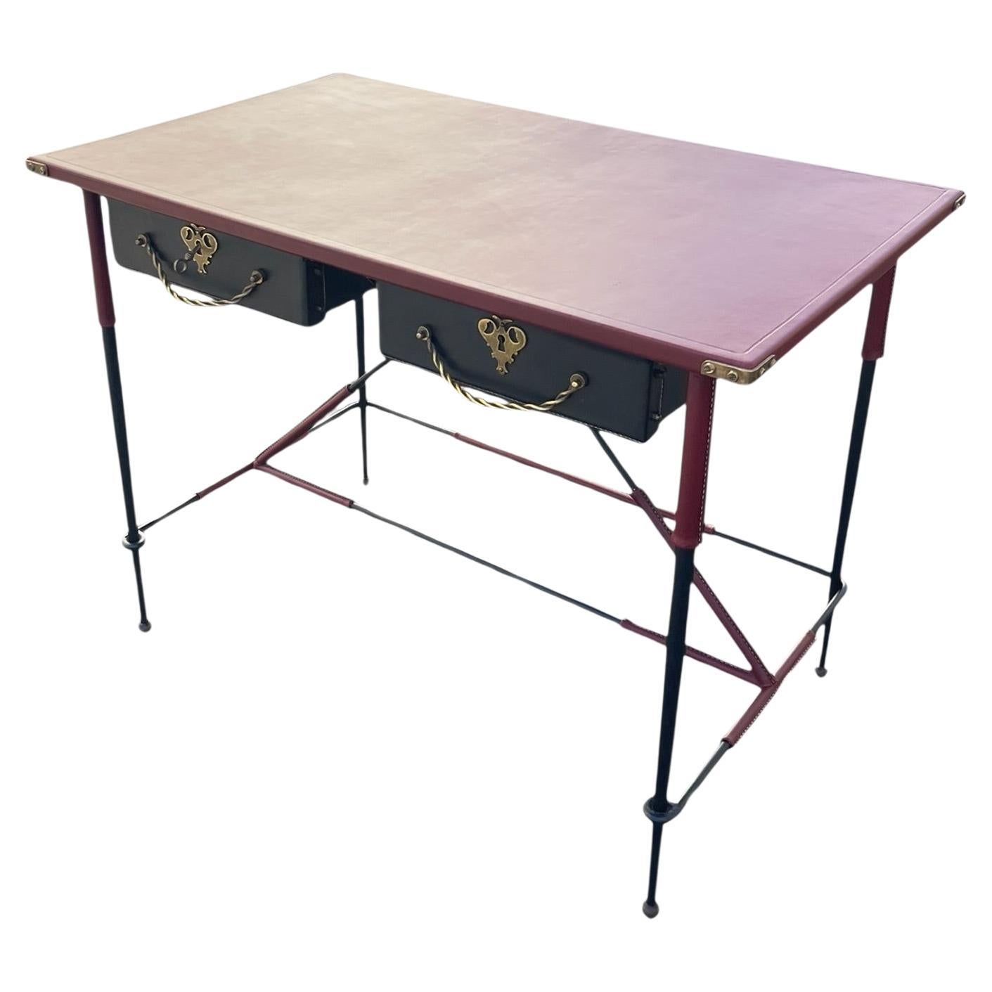 1950's Stitched leather and metal desk by Jacques Adnet