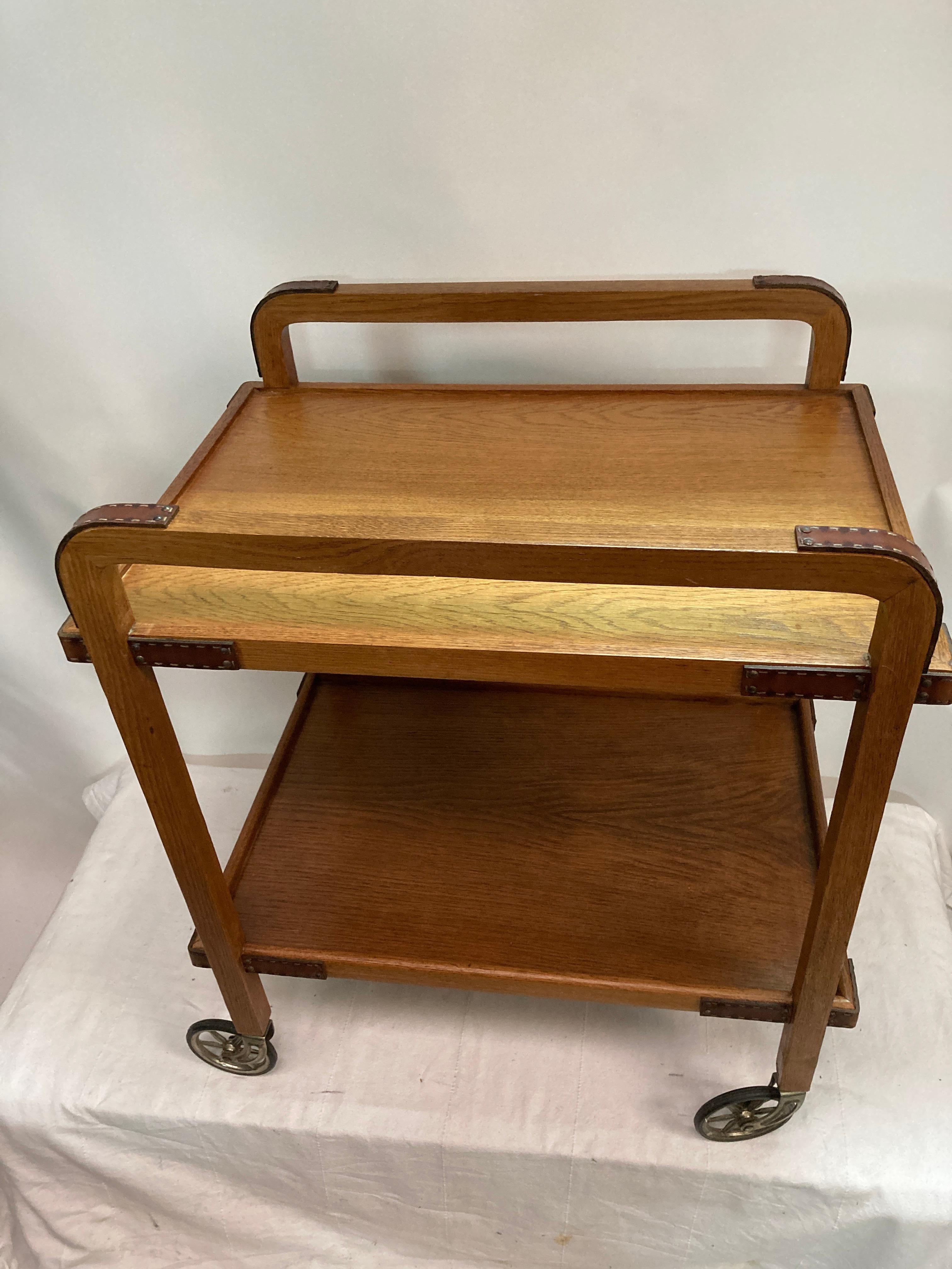 1950's Stitched leather and oak bar cart by Jacques Adnet For Sale 9