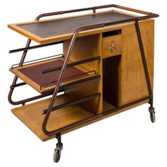 1950's Stitched Leather and Oak Bar Cart by Jacques Adnet