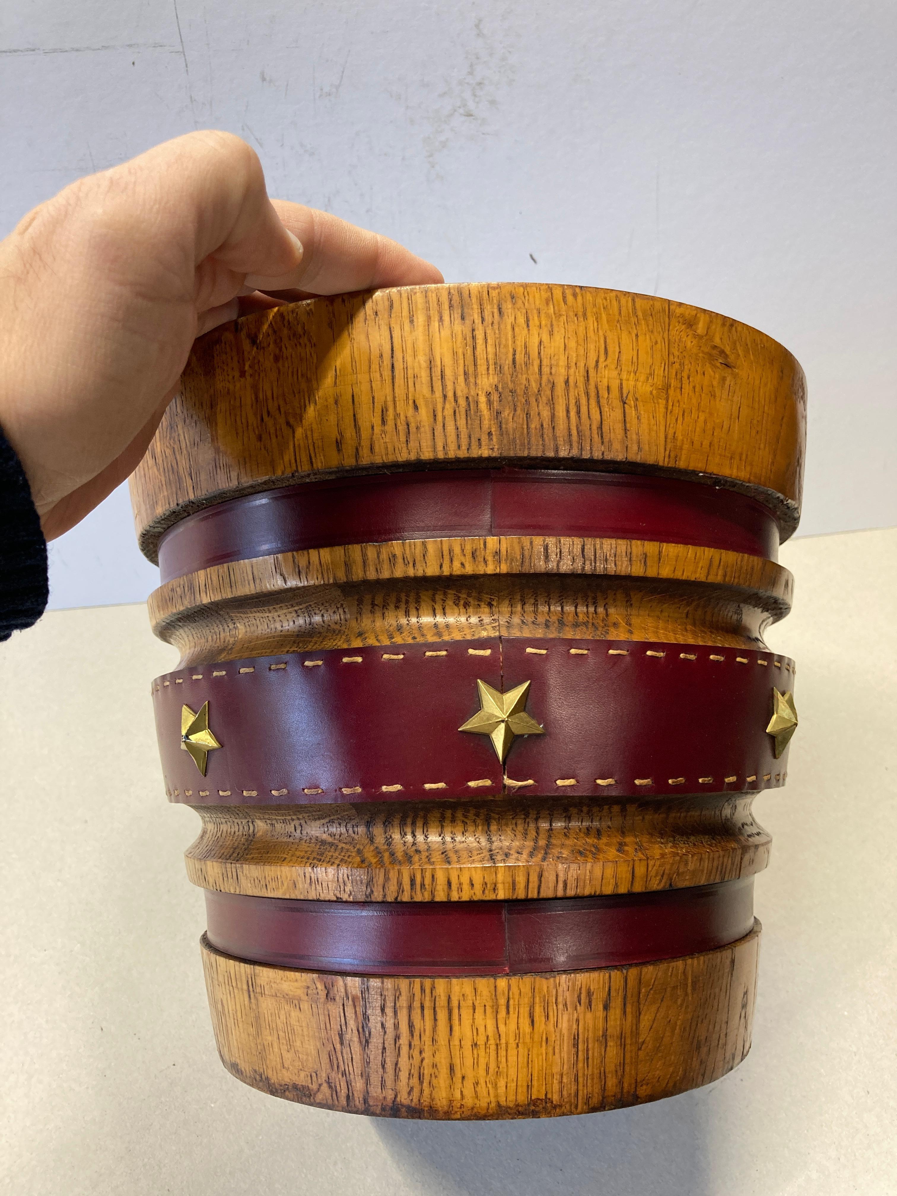 1950's Stitched leather and oak paper bin by Jacques Adnet In Good Condition For Sale In New York, NY