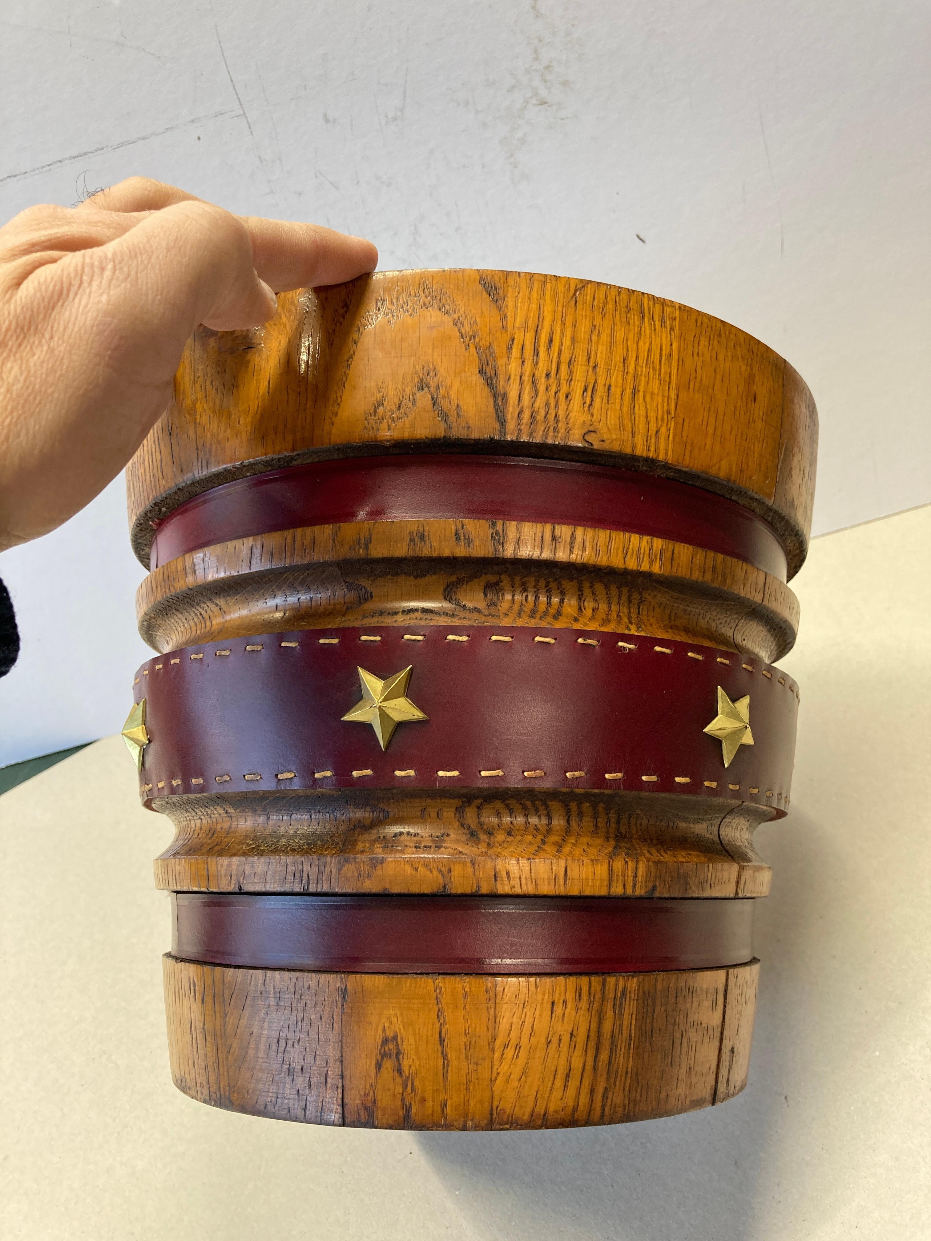 Mid-20th Century 1950's Stitched leather and oak paper bin by Jacques Adnet For Sale
