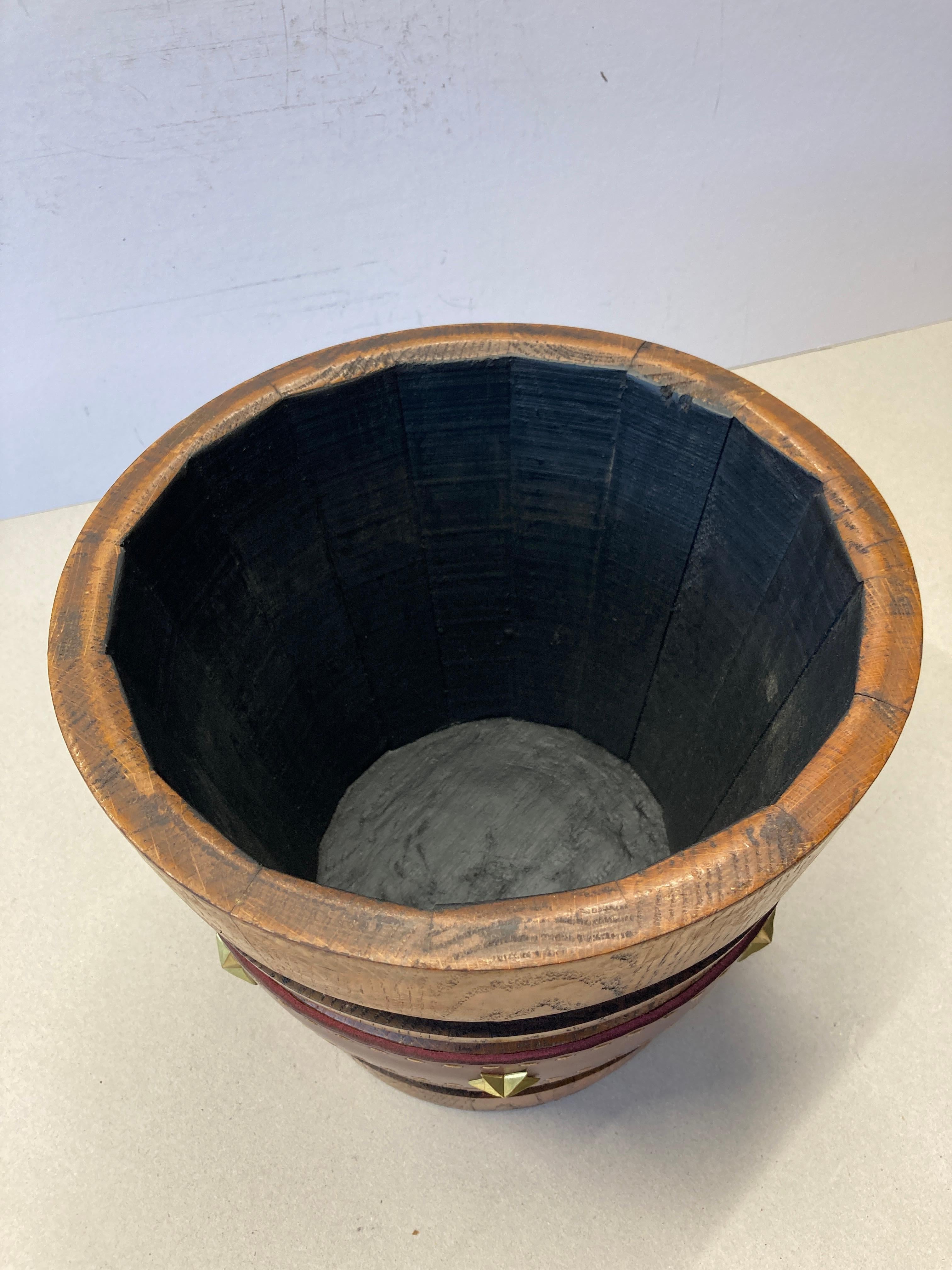 1950's Stitched leather and oak paper bin by Jacques Adnet For Sale 1