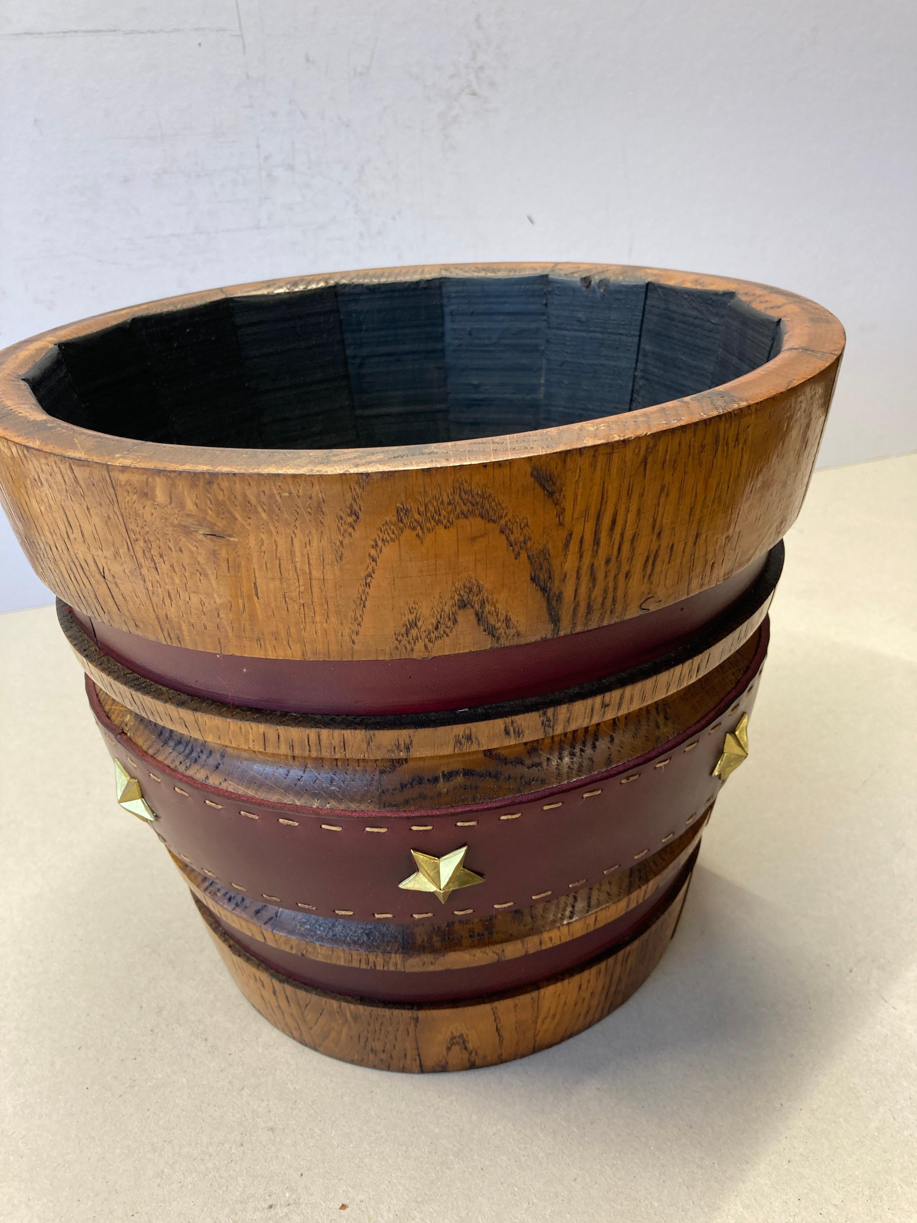 1950's Stitched leather and oak paper bin by Jacques Adnet For Sale 2