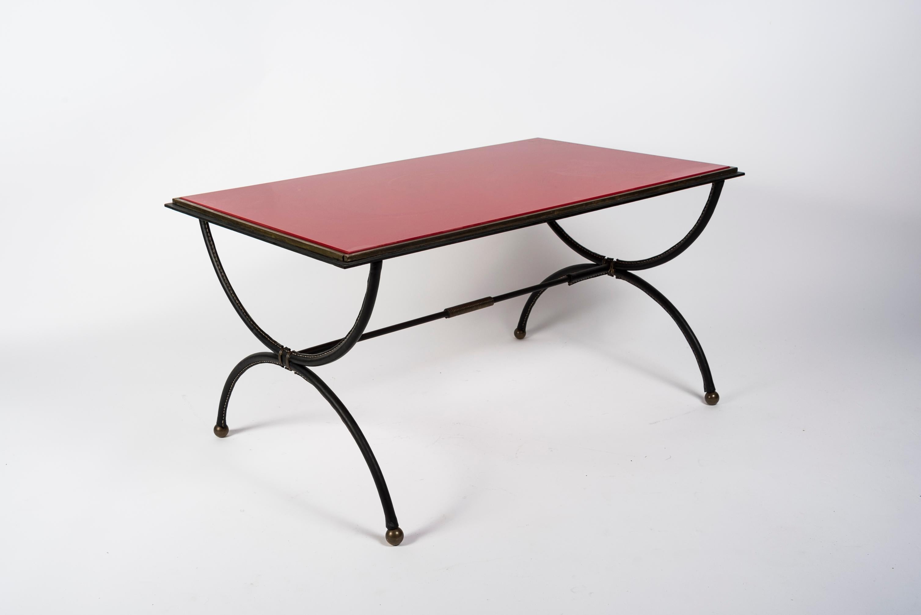 European 1950's Stitched Leather and Opaline Glass Cocktail Table by Jacques Adnet For Sale
