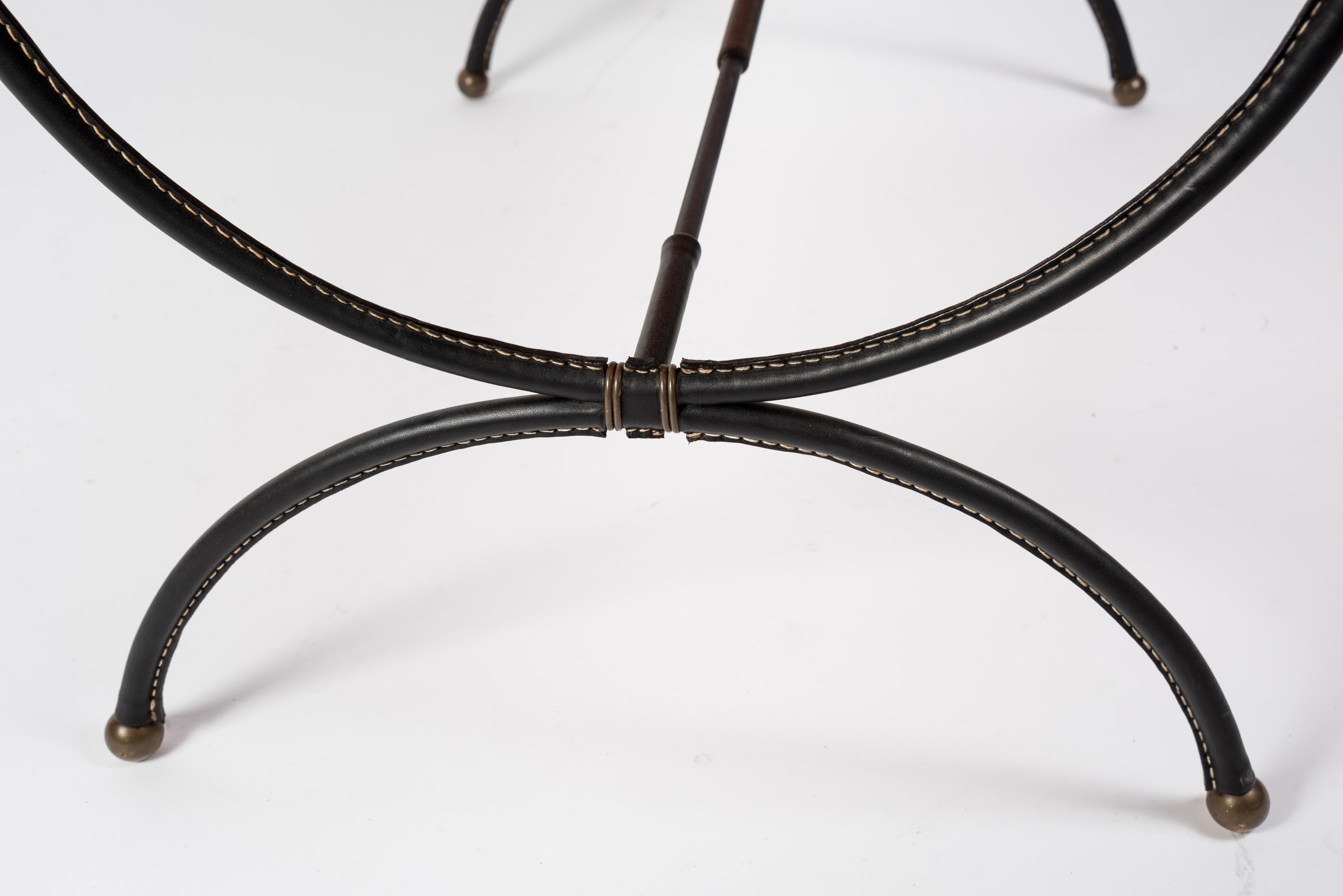 1950's Stitched Leather and Opaline Glass Cocktail Table by Jacques Adnet For Sale 1