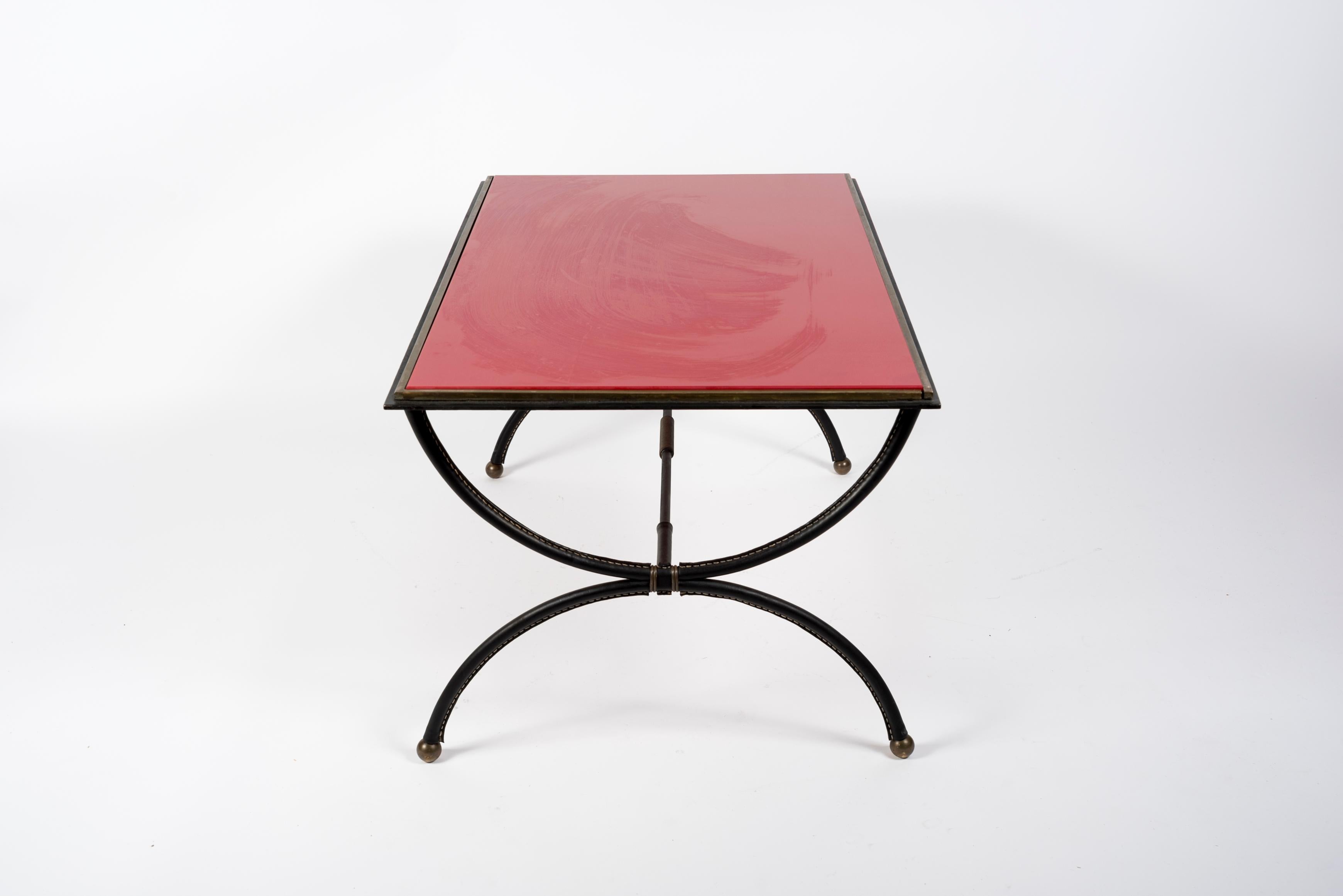 1950's Stitched Leather and Opaline Glass Cocktail Table by Jacques Adnet For Sale 3