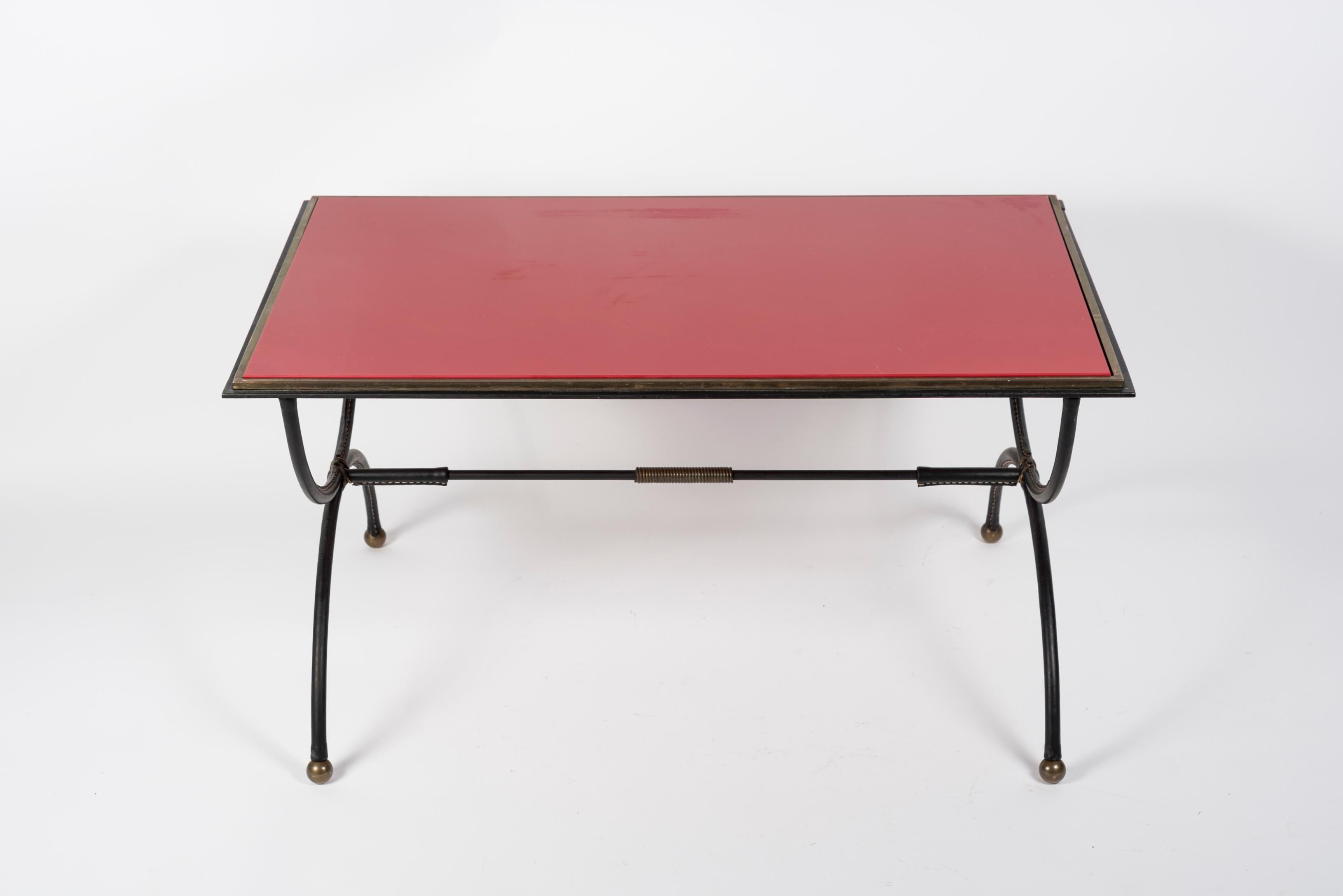 1950's Stitched Leather and Opaline Glass Cocktail Table by Jacques Adnet For Sale 4
