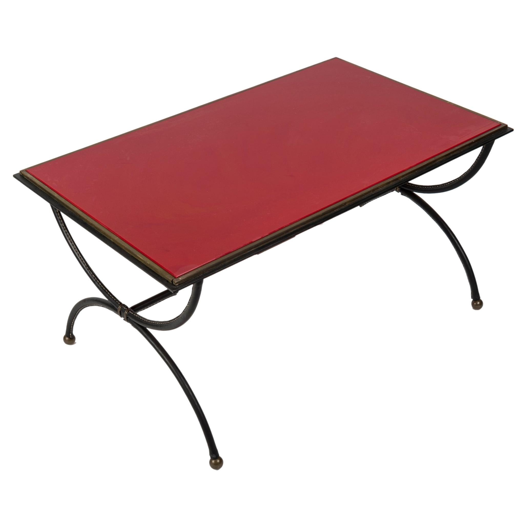 1950's Stitched Leather and Opaline Glass Cocktail Table by Jacques Adnet For Sale