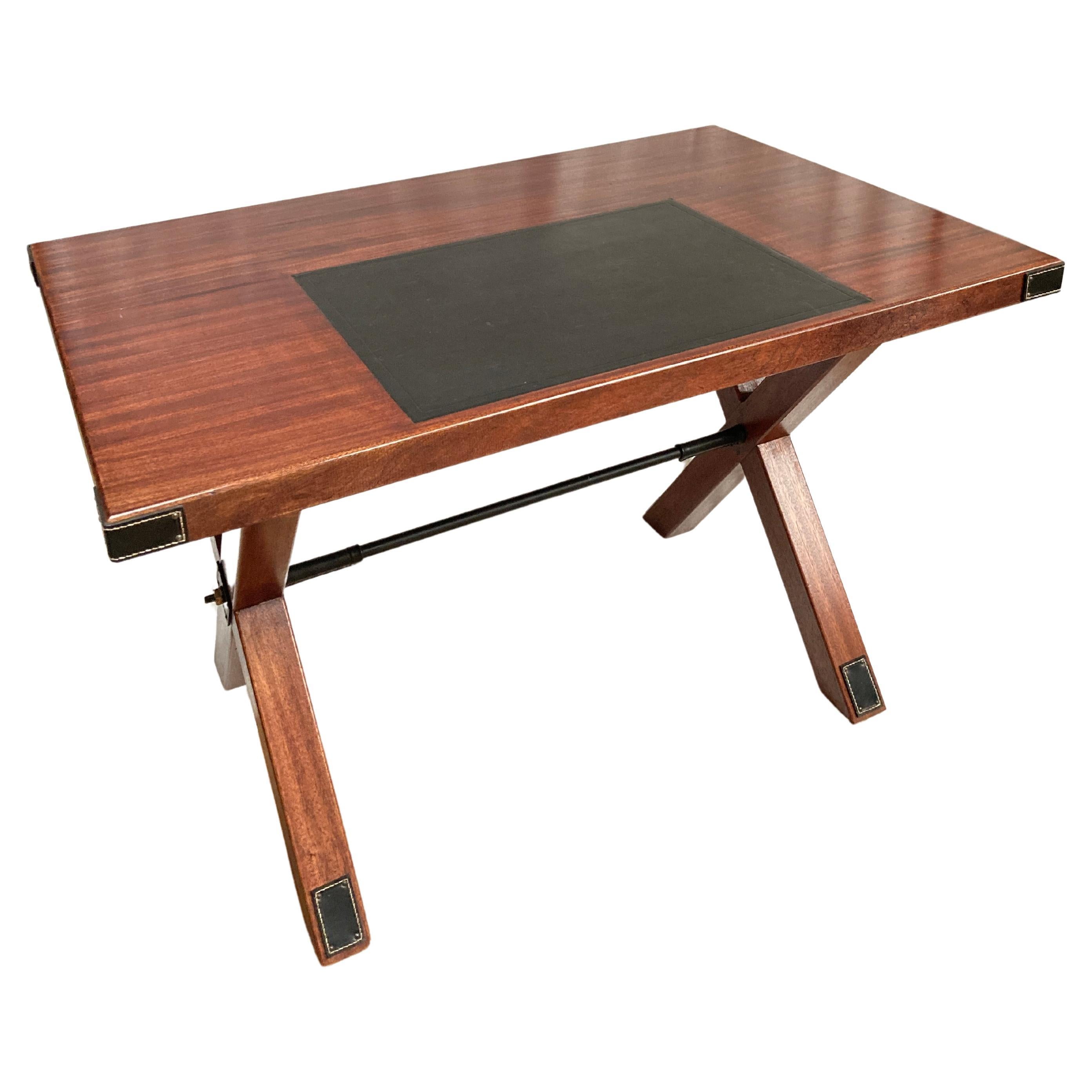 1950's Stitched leather and patinated pearwood writing table by Jacques Adnet