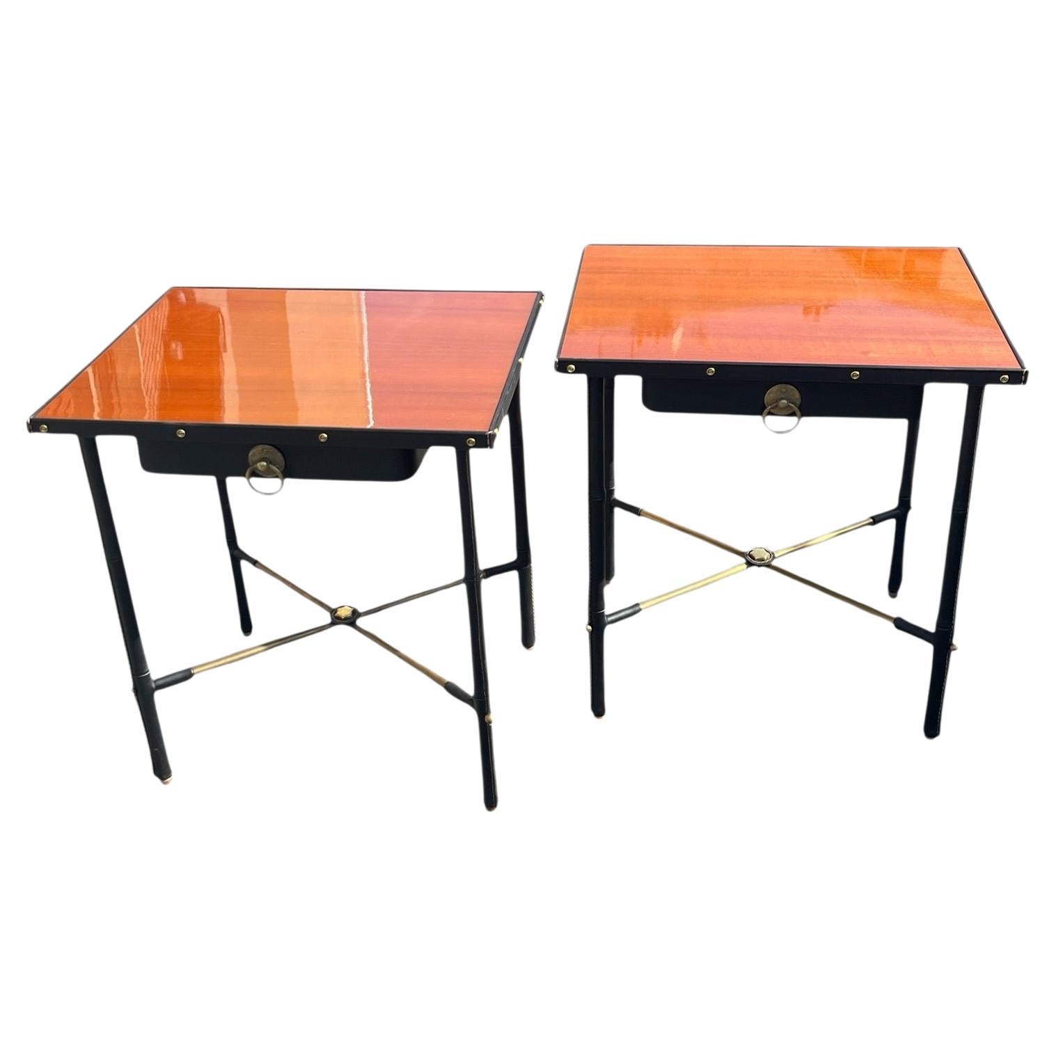 1950's Stitched leather and pear wood side table by Jacques Adnet