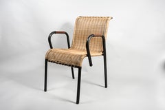 1950er Jahre Sessel aus Leder und Rattan mit Nähten von Jacques Adnet