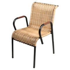 1950's Stitched Leather and Rattan Armchair by Jacques Adnet