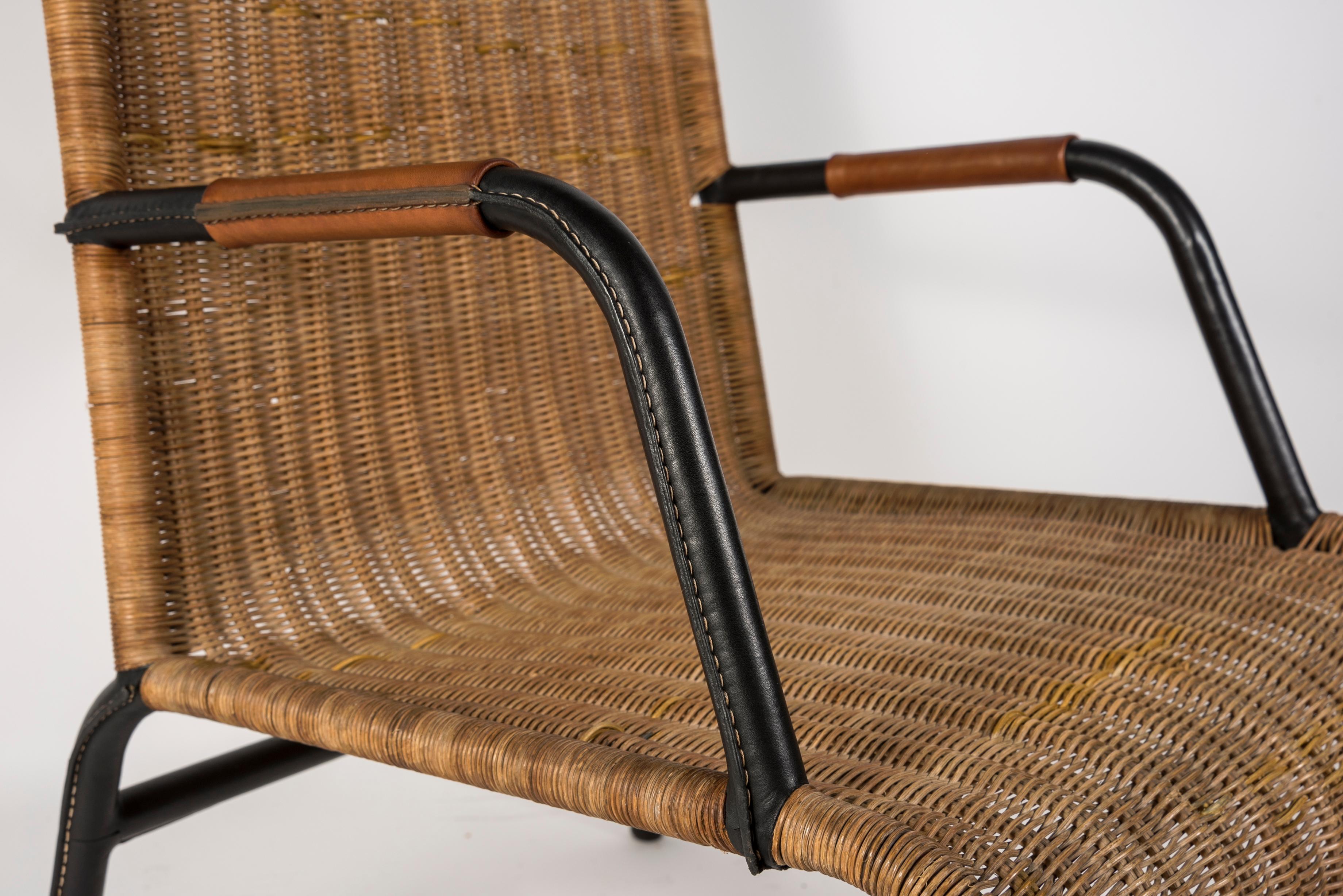 Mid-20th Century 1950's Stitched Leather and Rattan Armchairs by Jacques Adnet For Sale