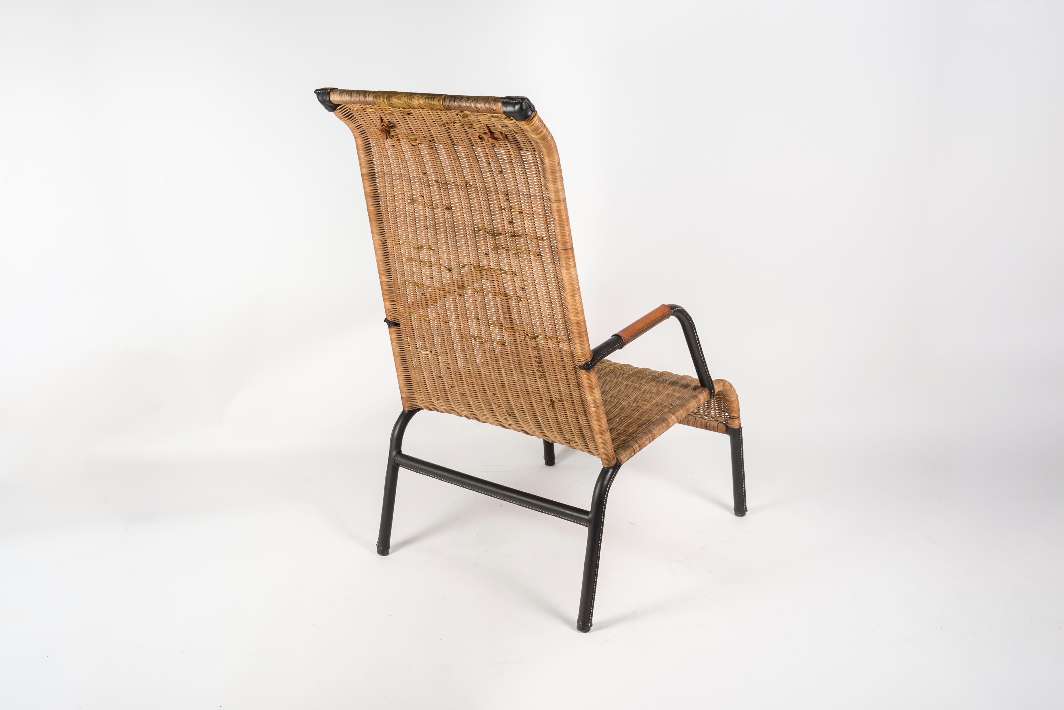 1950's Stitched leather and rattan armchairs by Jacques Adnet For Sale 2