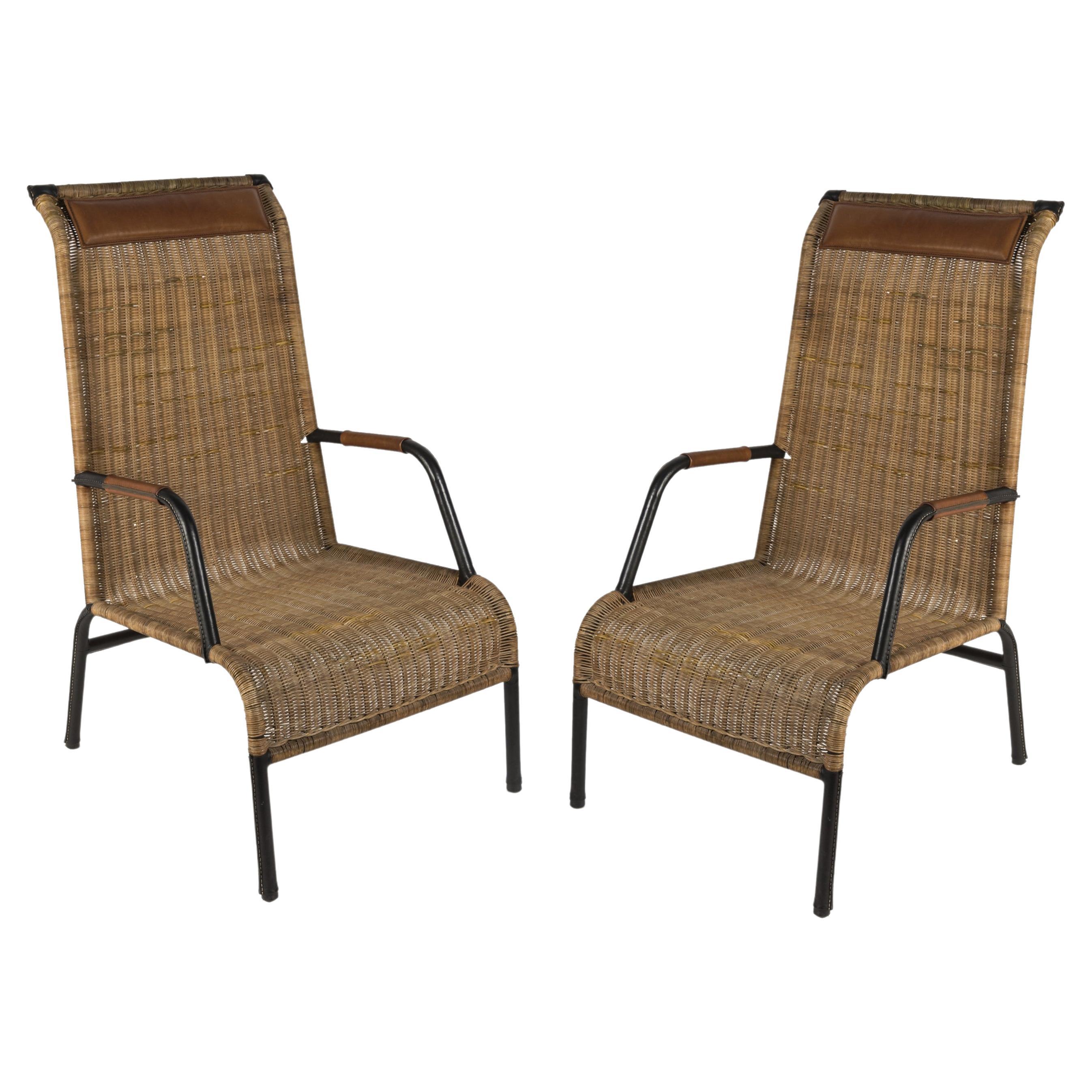 1950's Stitched Leather and Rattan Armchairs by Jacques Adnet For Sale