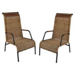 Vintage 1950's Stitched Leather and Rattan Armchairs by Jacques Adnet