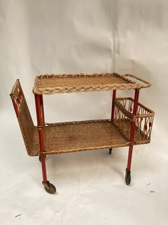 1950's Stitched leather and rattan bar cart by Jacques Adnet