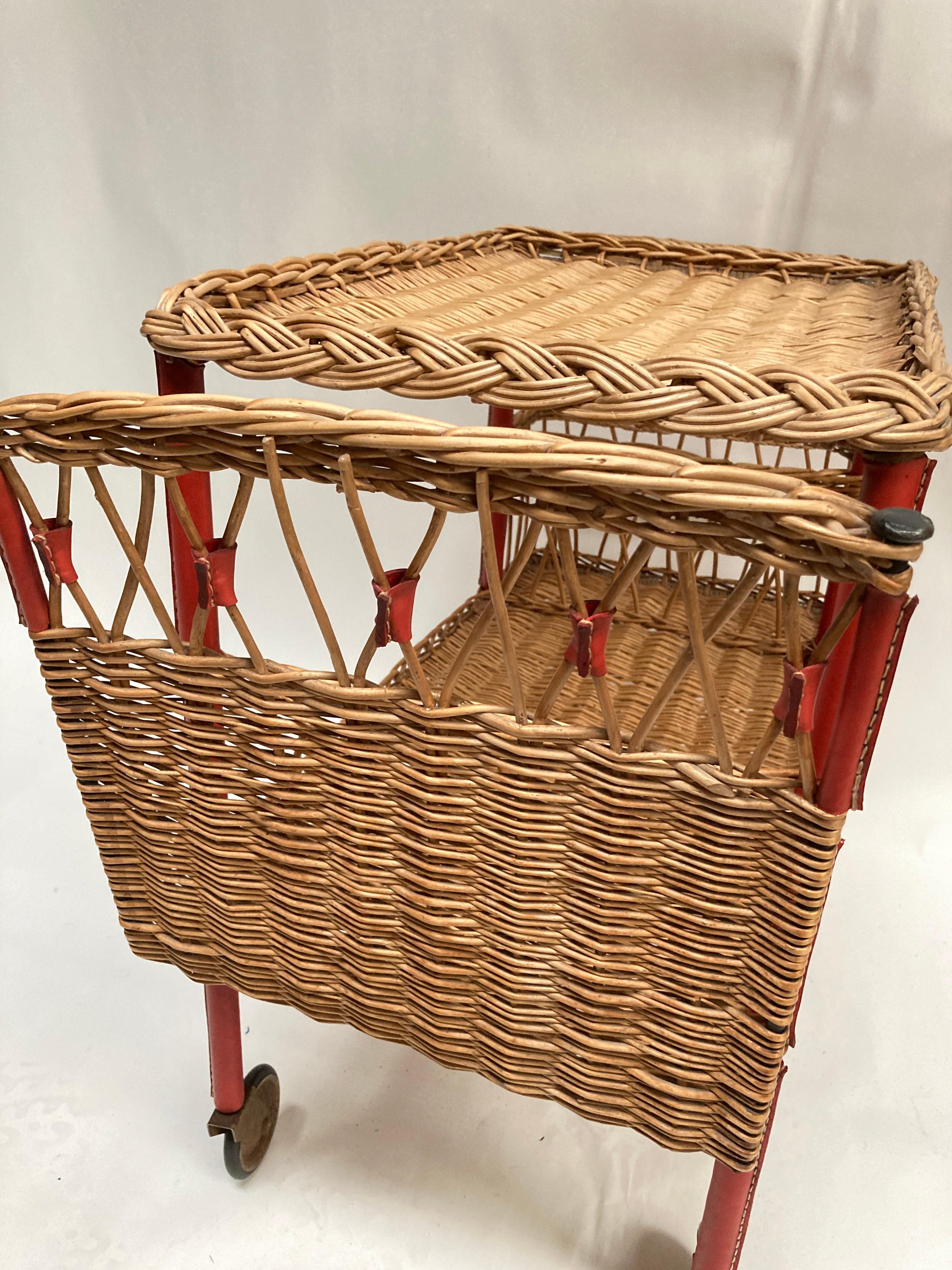 Mid-20th Century 1950's Stitched leather and rattan bar cart by Jacques Adnet For Sale