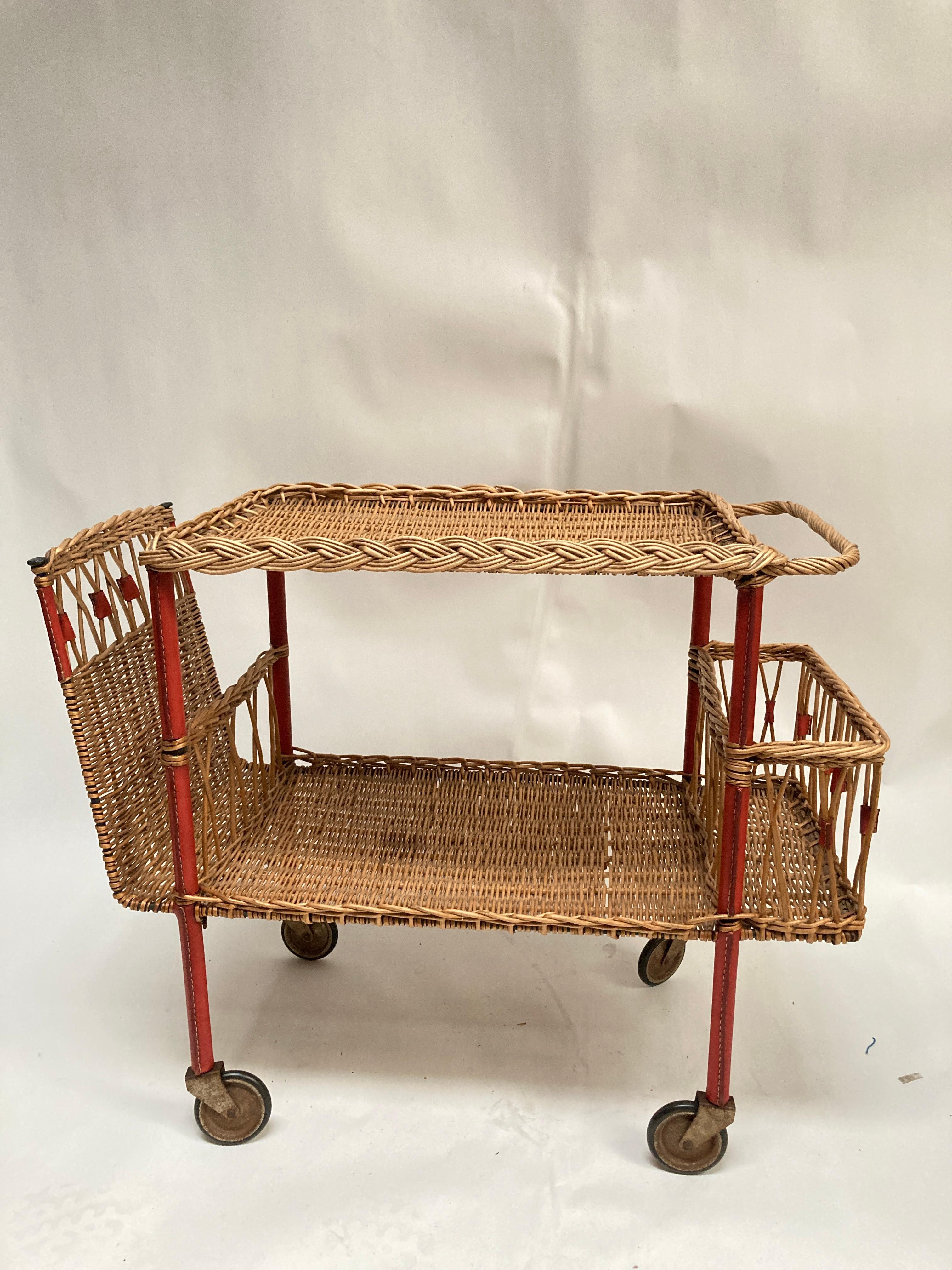 1950's Stitched leather and rattan bar cart by Jacques Adnet For Sale 1