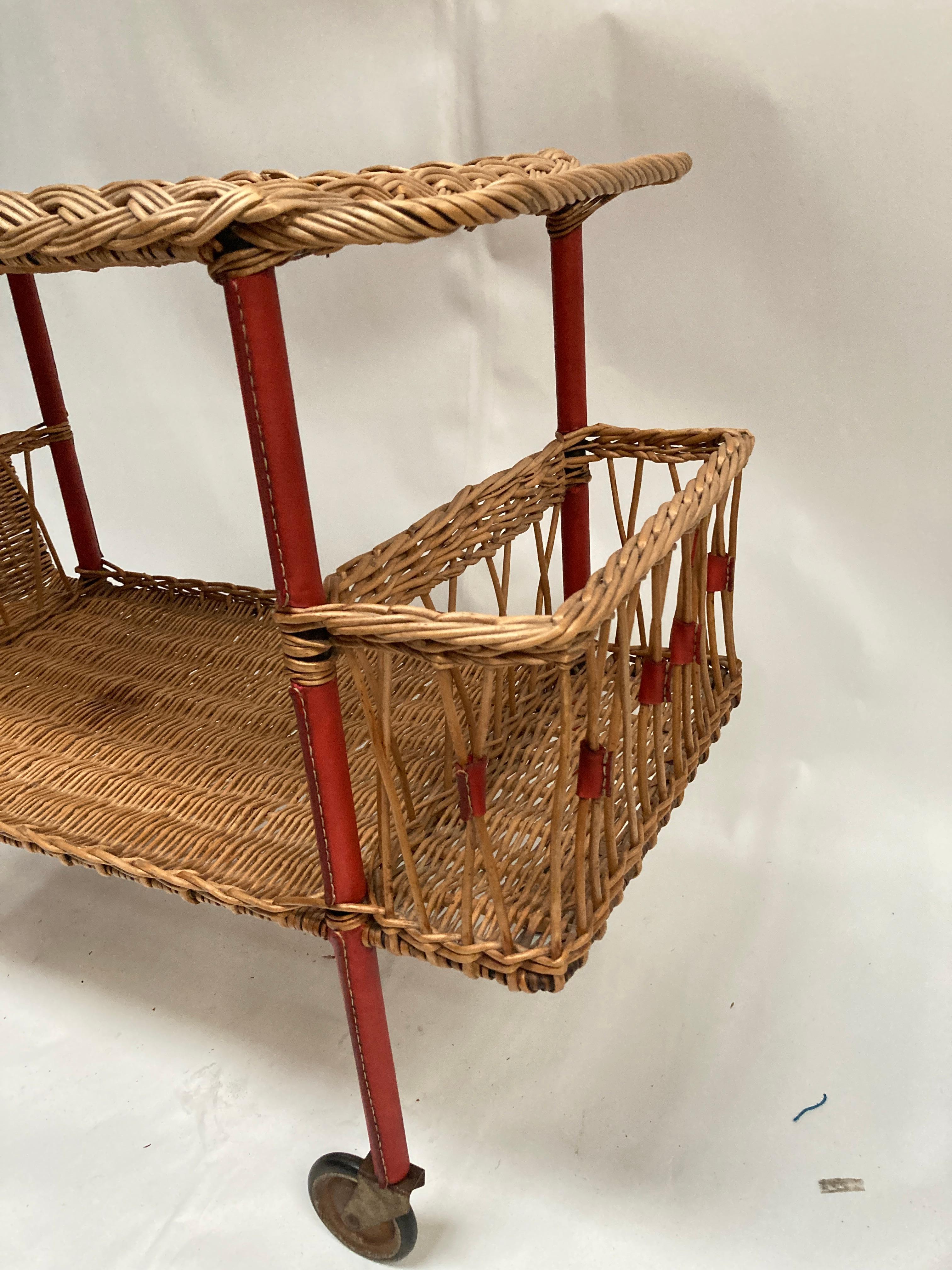 1950's Stitched leather and rattan bar cart by Jacques Adnet For Sale 2