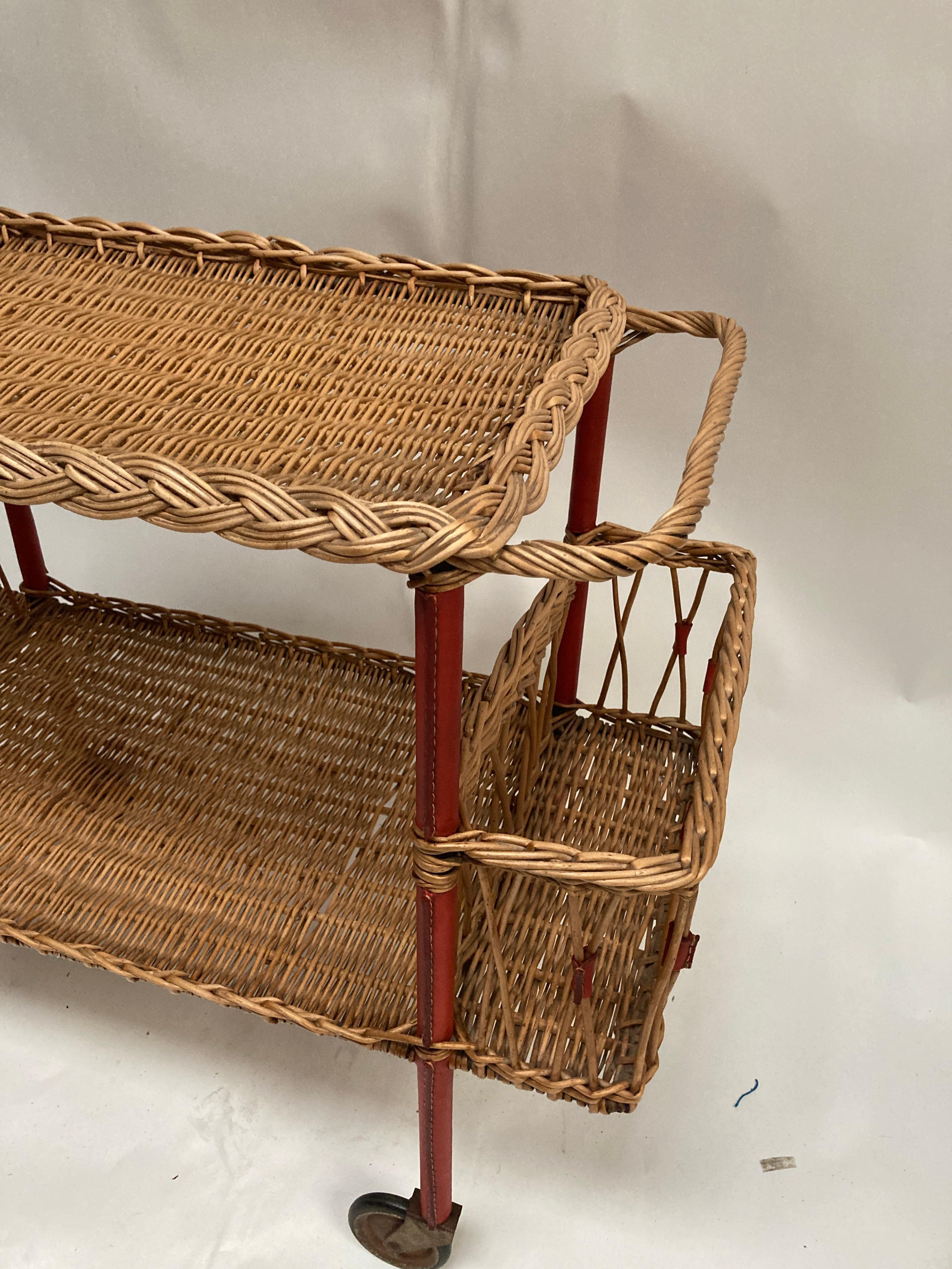 1950's Stitched leather and rattan bar cart by Jacques Adnet For Sale 3