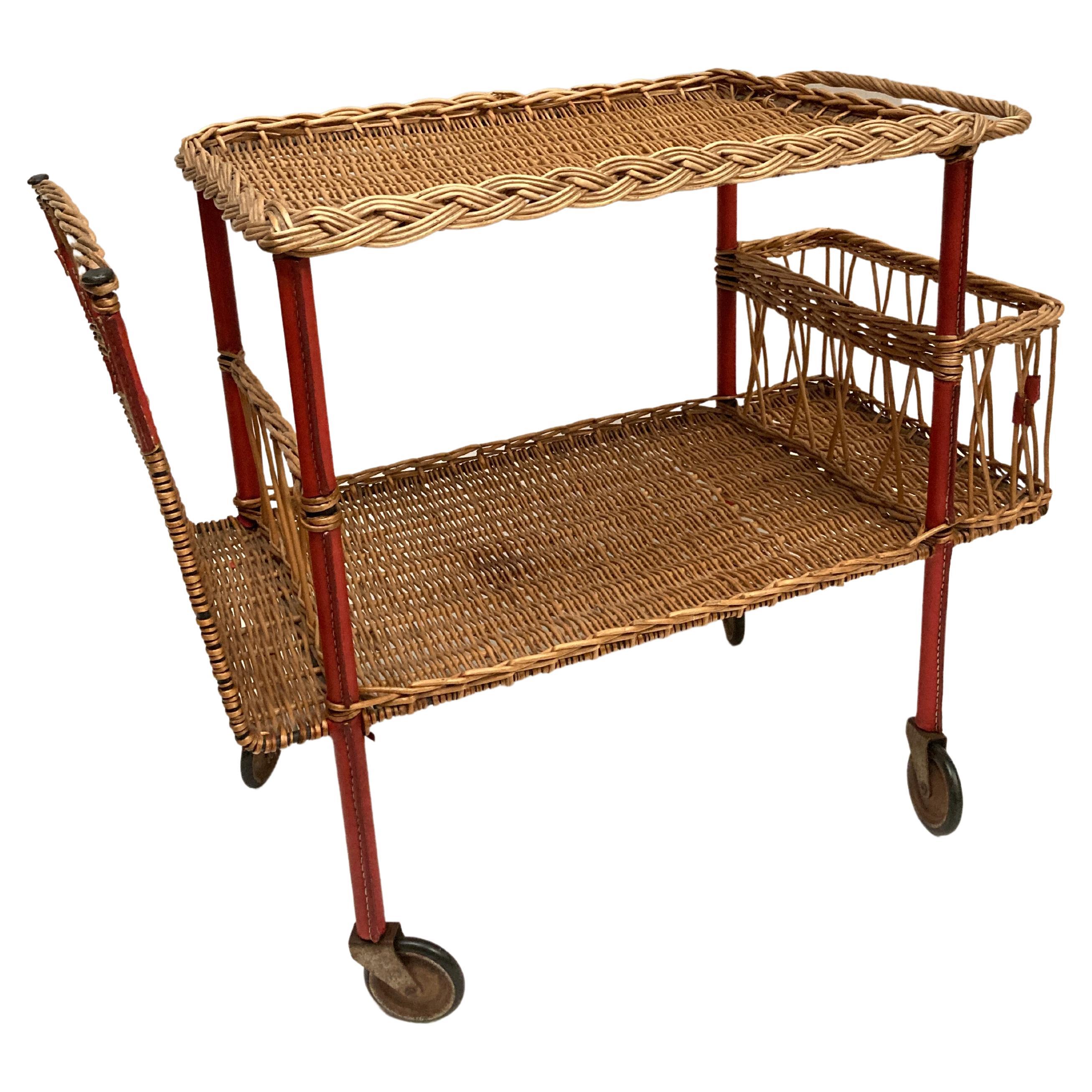 1950's Stitched leather and rattan bar cart by Jacques Adnet