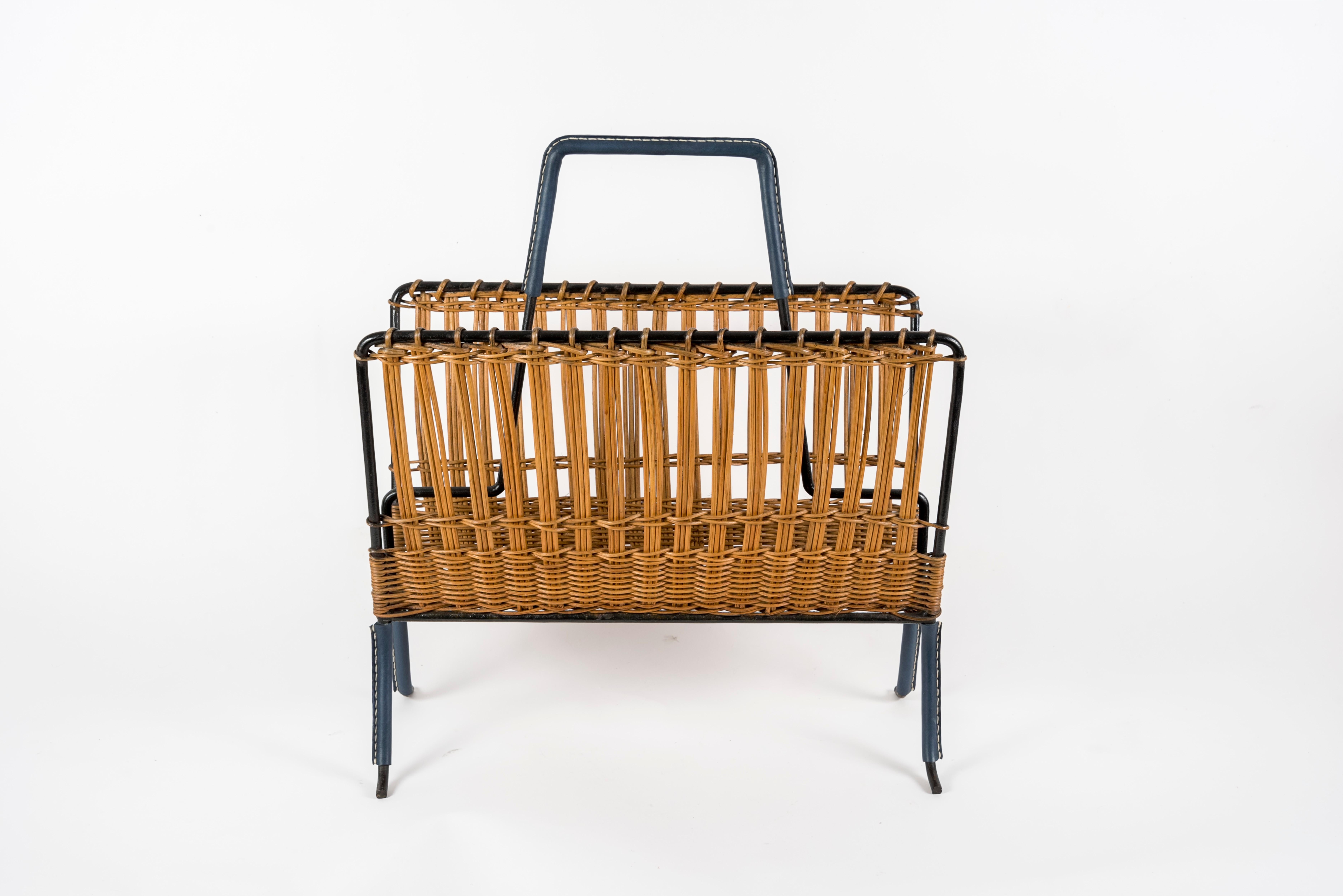 European 1950s Stitched Leather and Rattan Magazine Rack by Jacques Adnet