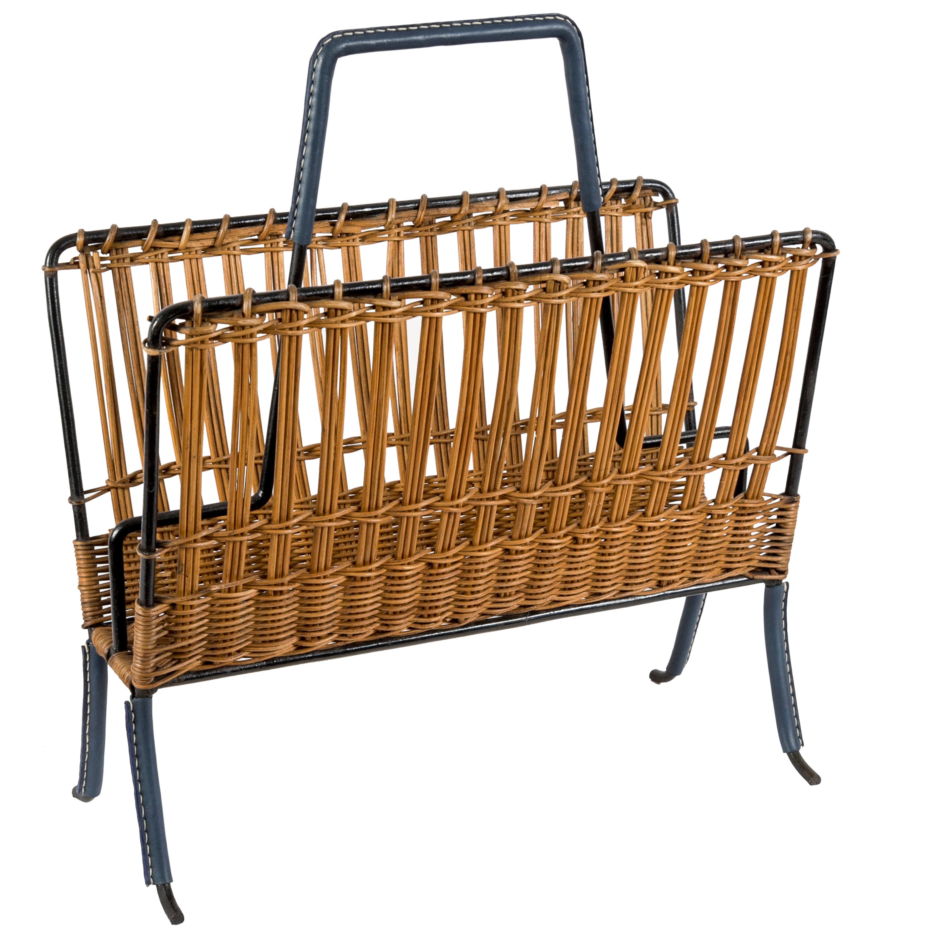 1950s Stitched Leather and Rattan Magazine Rack by Jacques Adnet