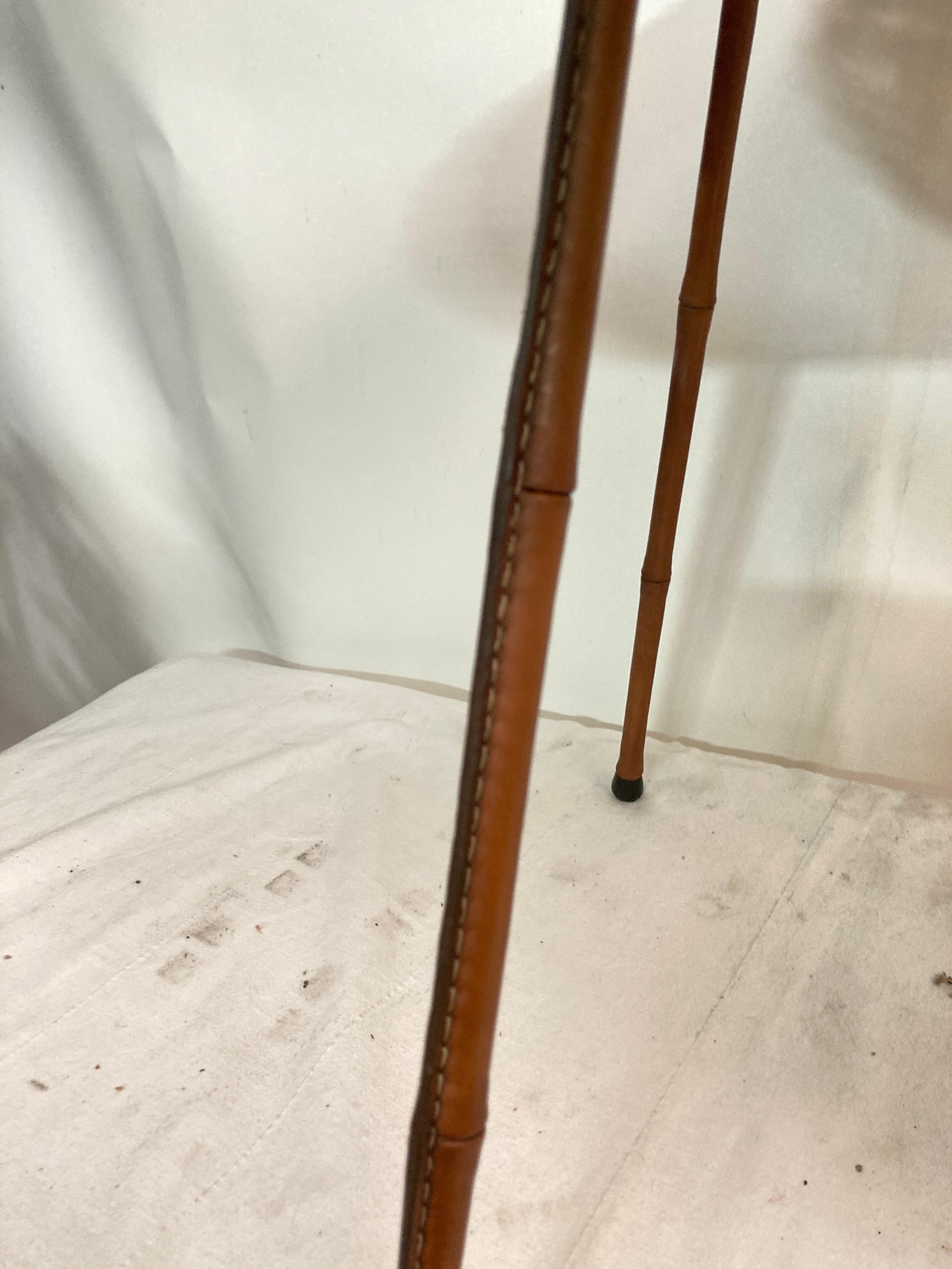 Leather 1950's Stitched leather and rattan occasional table By Jacques Adnet For Sale