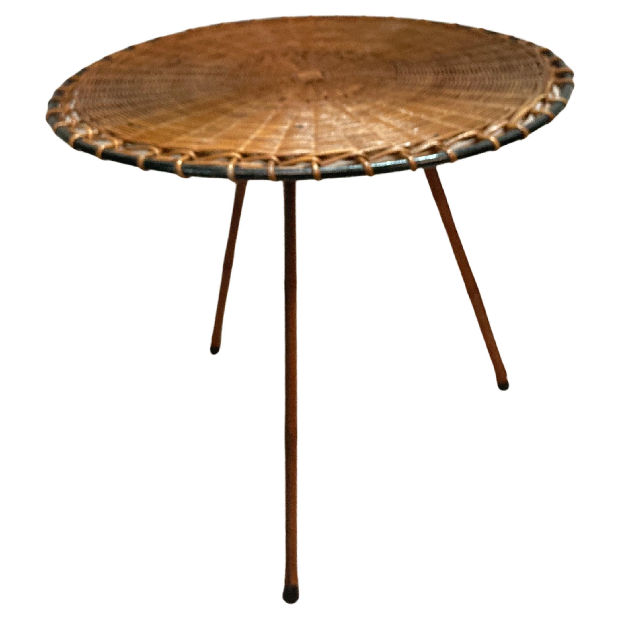 1950's Stitched leather and rattan occasional table By Jacques Adnet For Sale