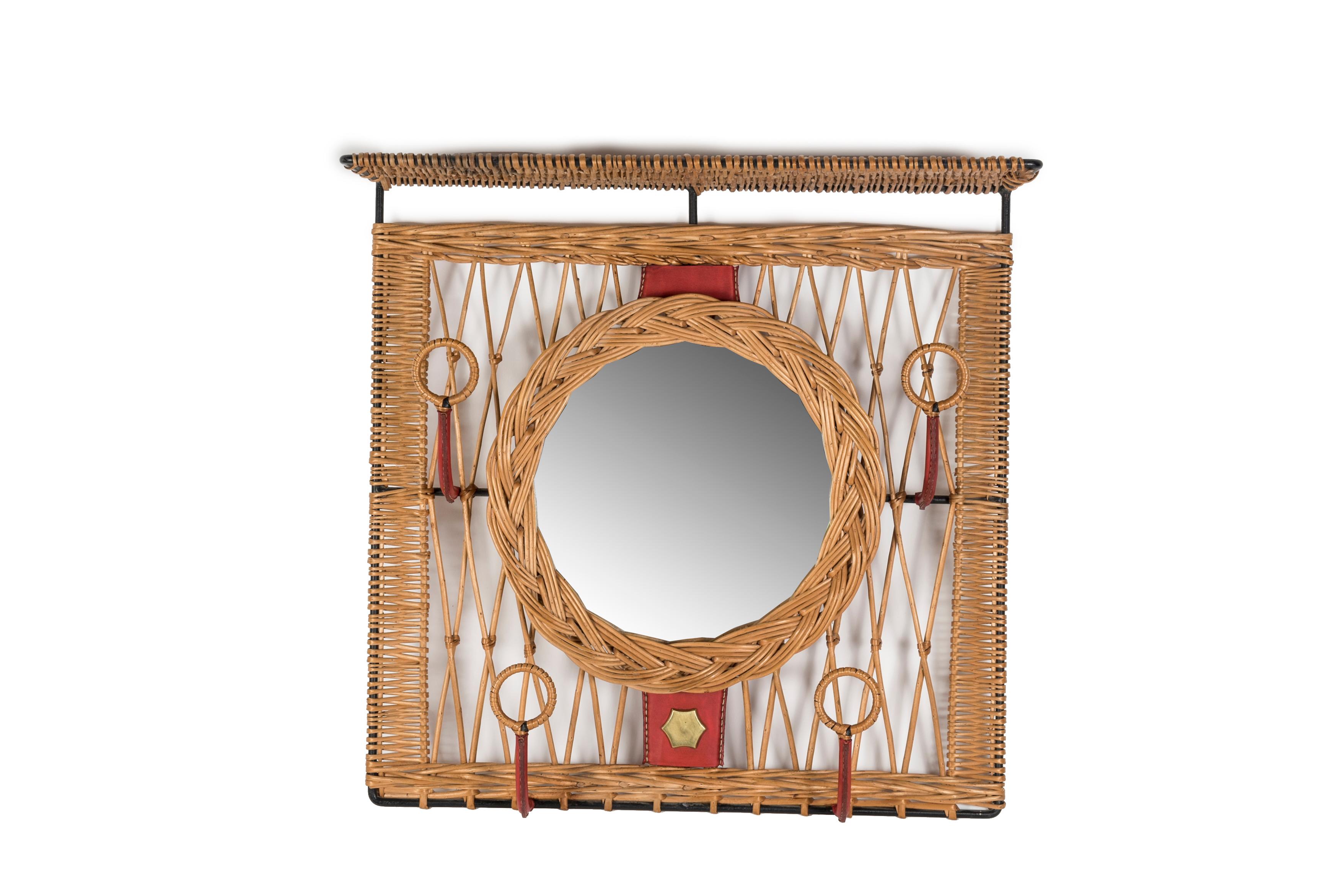1950's rattan and stitched leather wall mirror and coat rack by Jacques Adnet