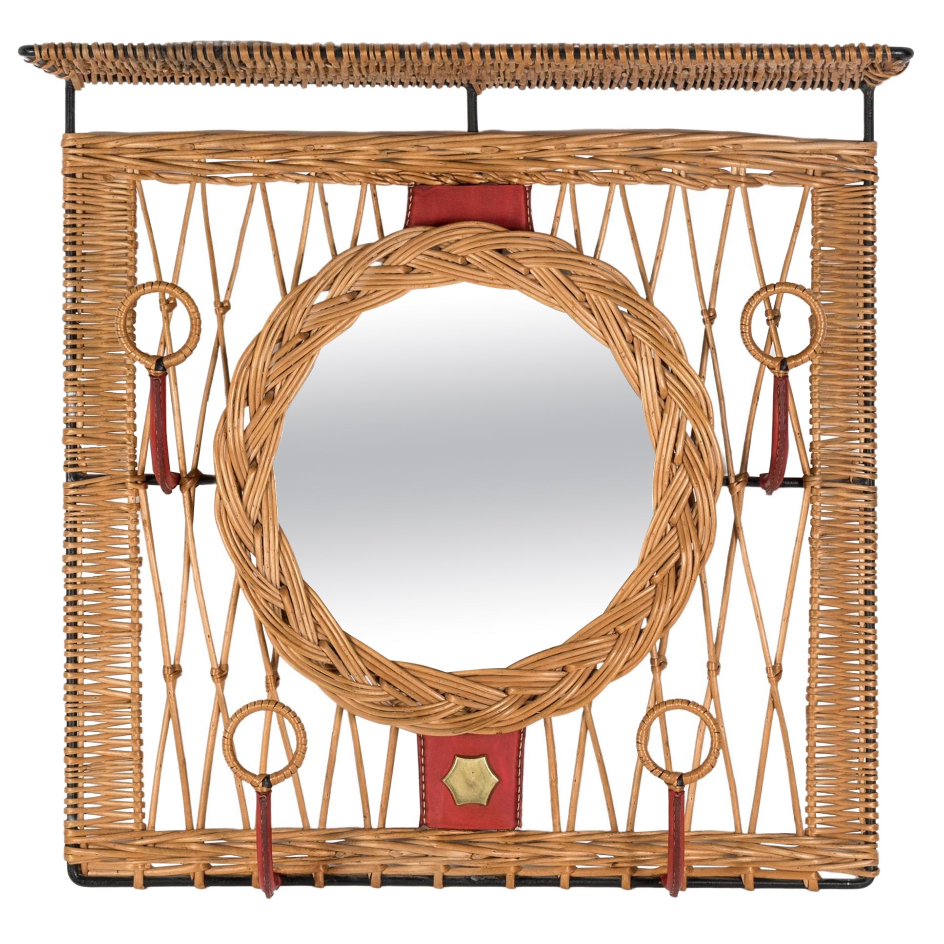 Specchio da parete anni '50 Stitch by Stitch e rattan di Jacques Adnet in vendita