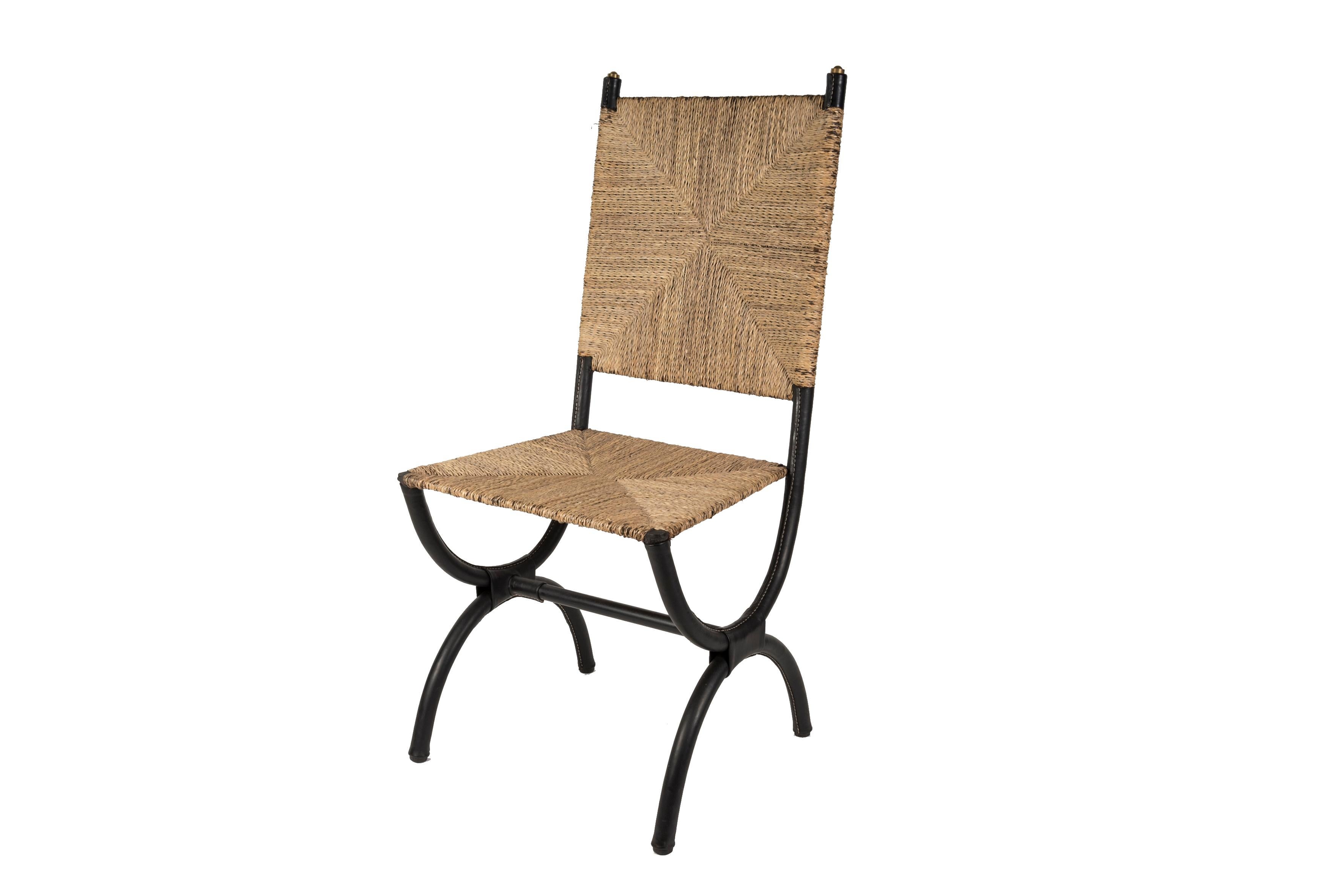 1950's Stitched leather and rope pair of tall chairs.
Designed by Jacques Adnet.
France.