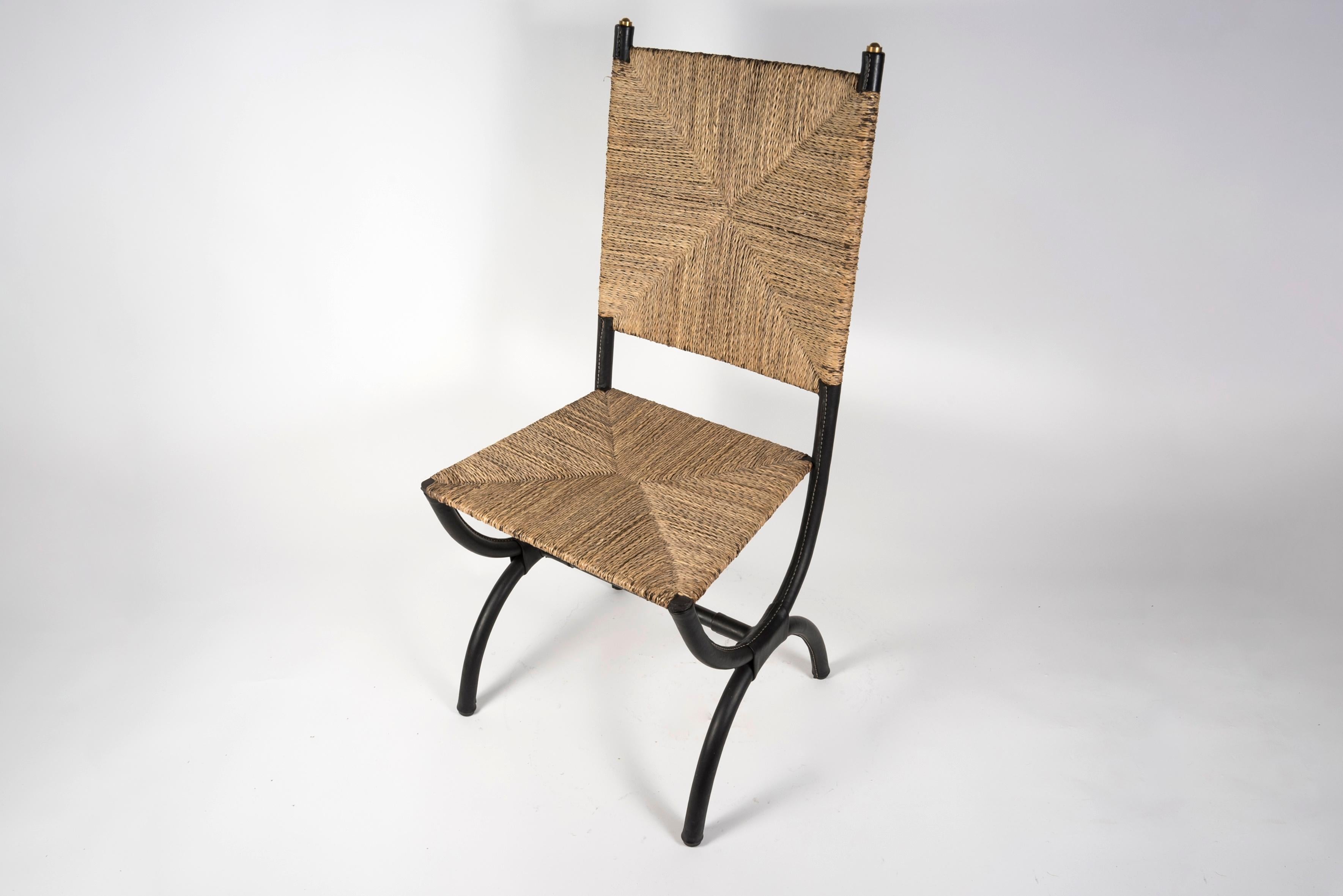 French 1950's Stitched Leather and Rope Pair of Chairs by Jacques Adnet For Sale