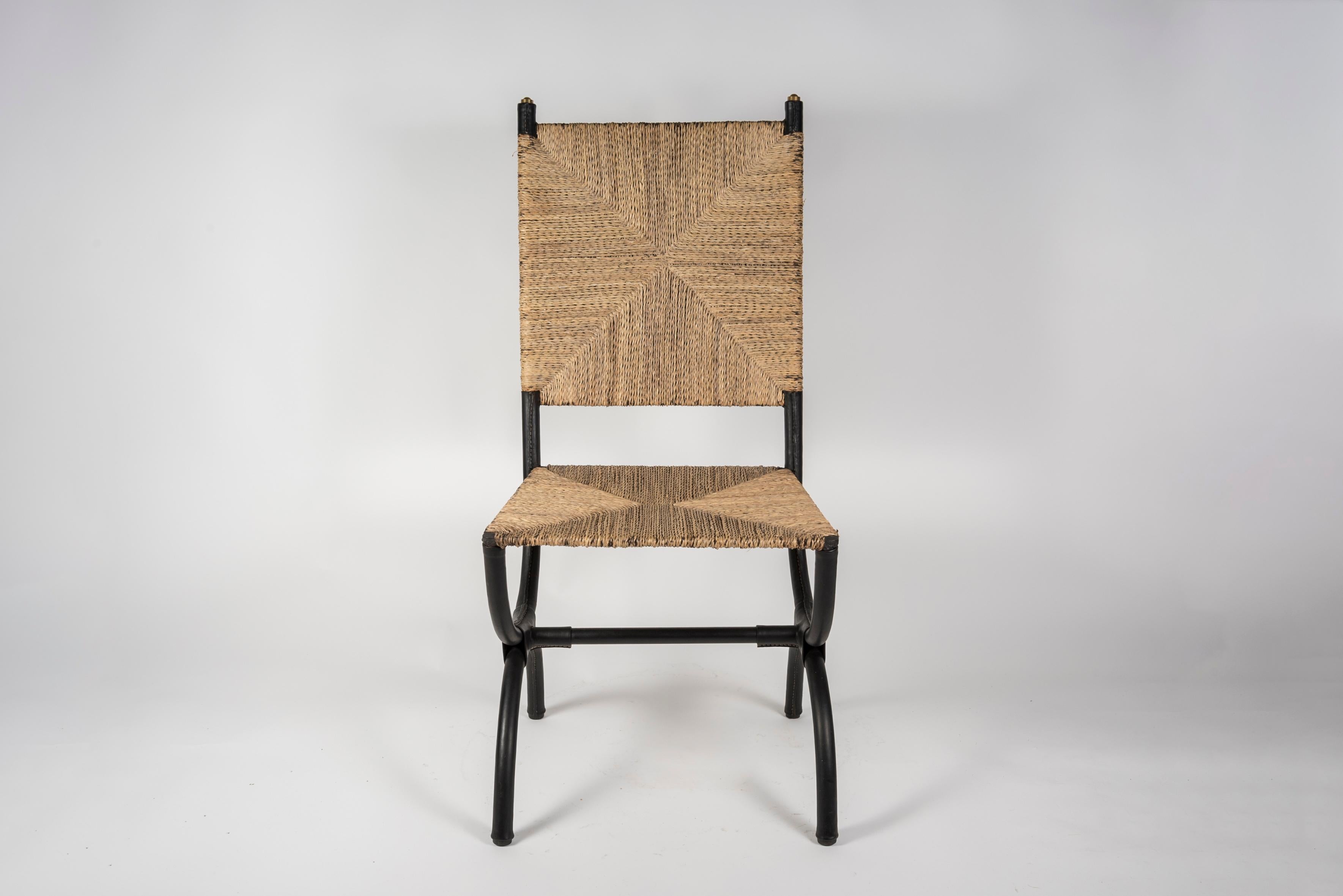 Mid-20th Century 1950's Stitched Leather and Rope Pair of Chairs by Jacques Adnet For Sale
